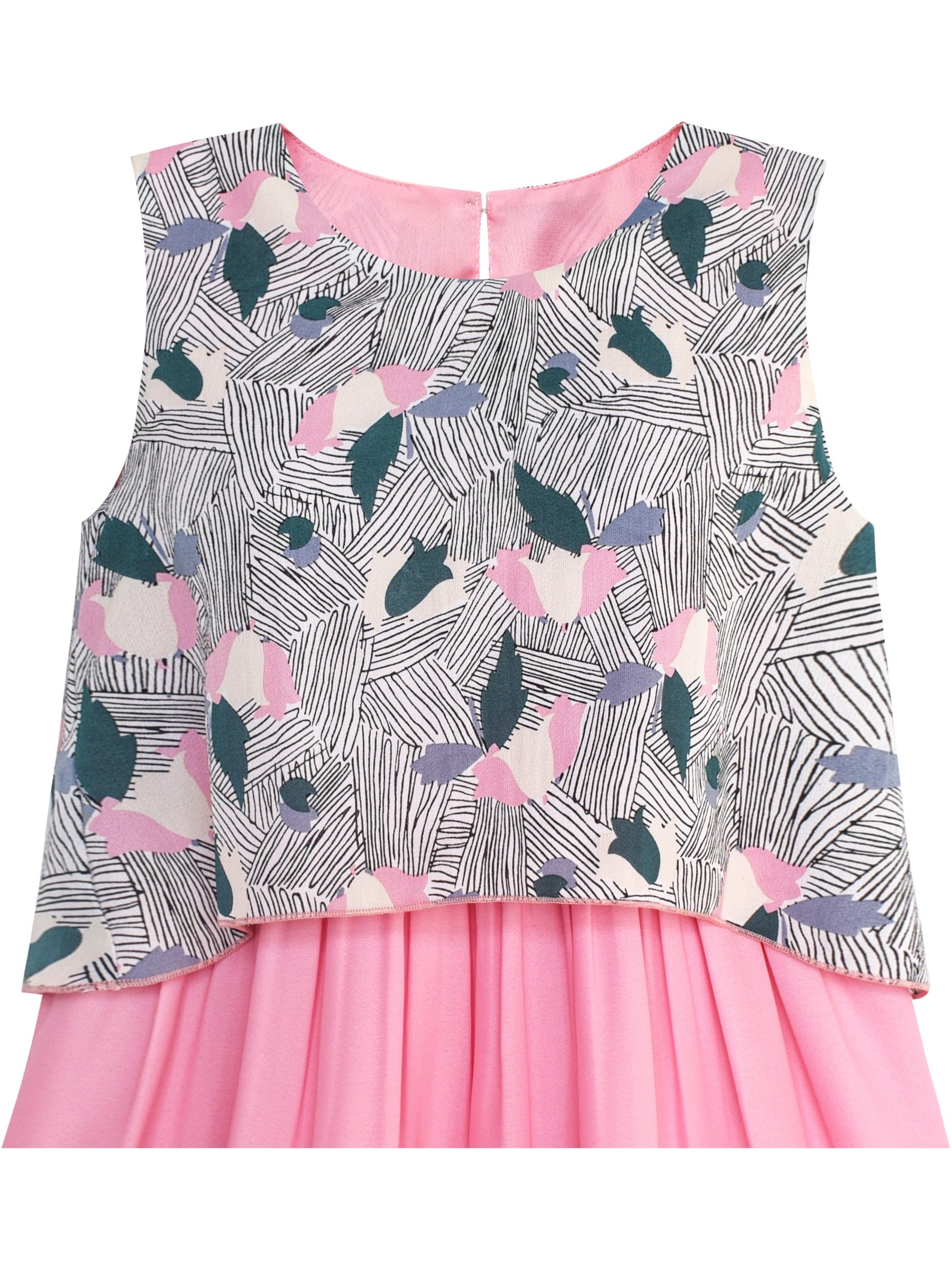 Girls Dress Turn-Down Collar Flower Chiffon Party Black Pink