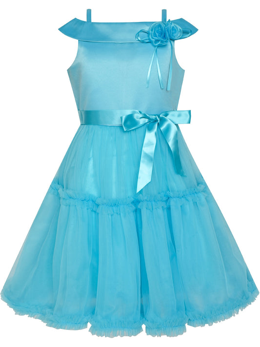 Girls Dress Cold Shoulder Sleeveless Lace Flower Ruffle Blue