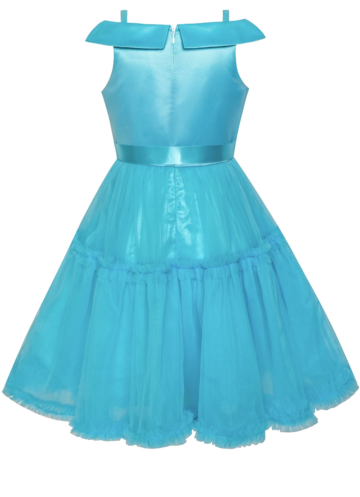 Girls Dress Cold Shoulder Sleeveless Lace Flower Ruffle Blue