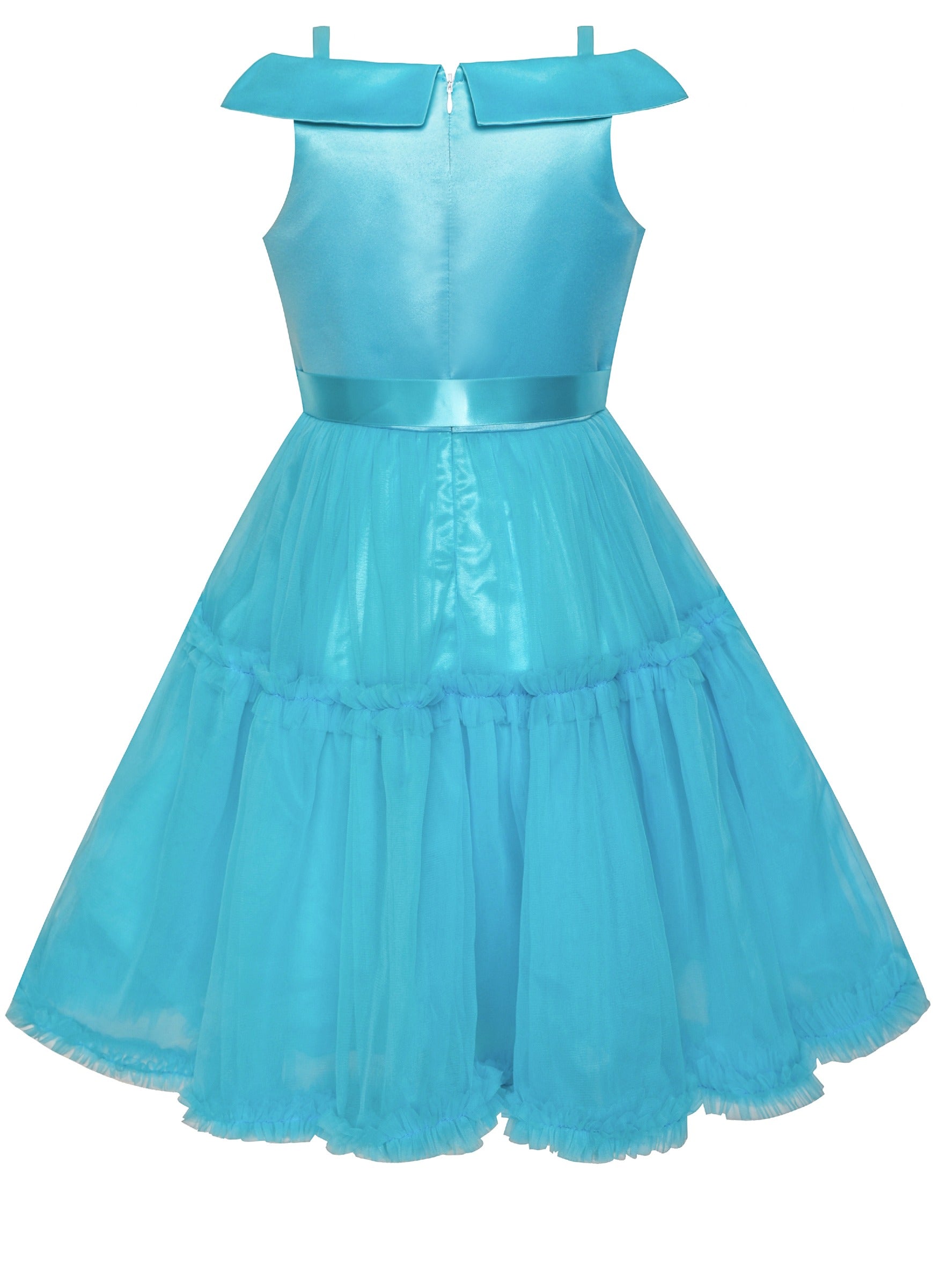 Girls Dress Cold Shoulder Sleeveless Lace Flower Ruffle Blue