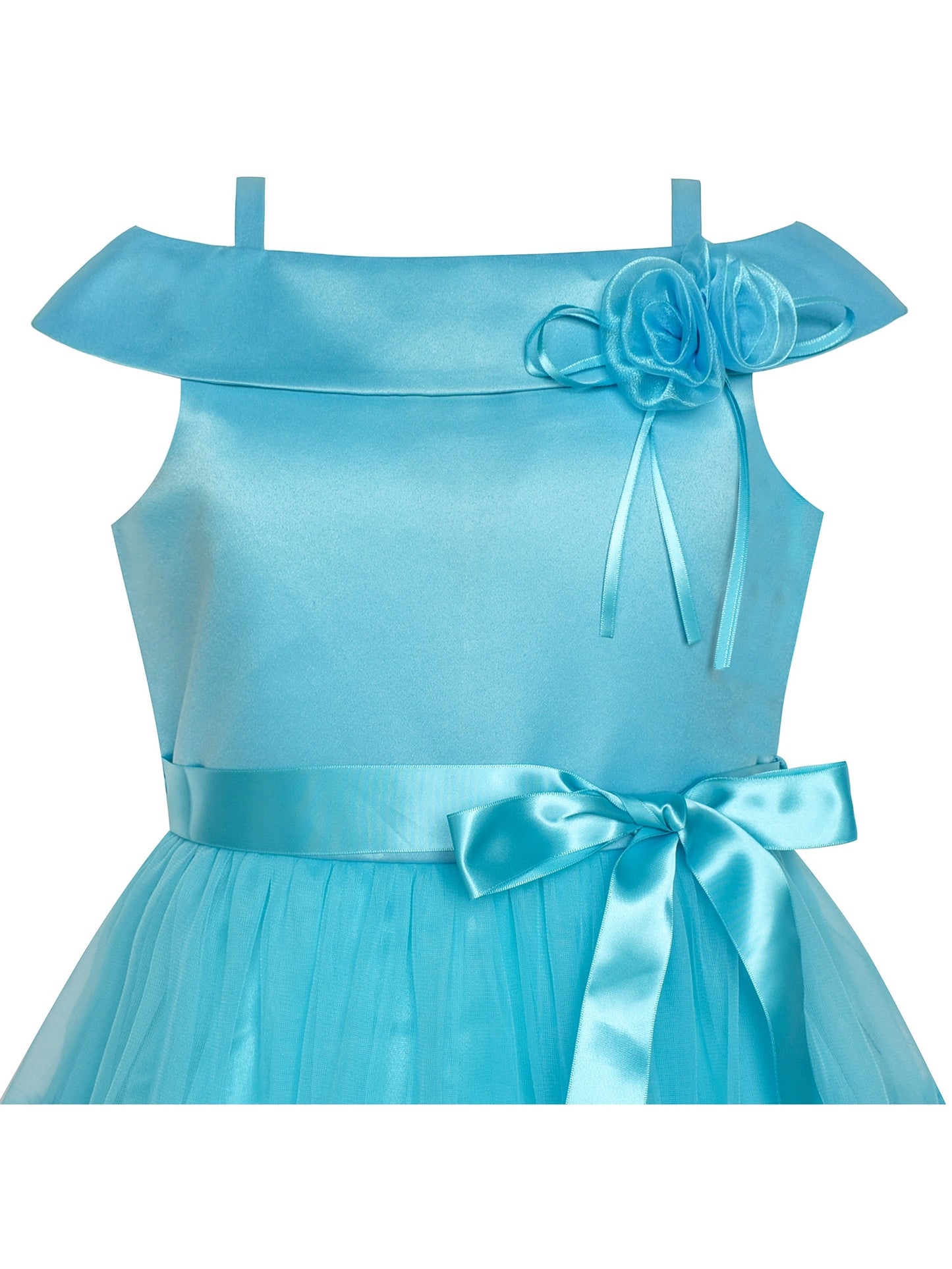 Girls Dress Cold Shoulder Sleeveless Lace Flower Ruffle Blue