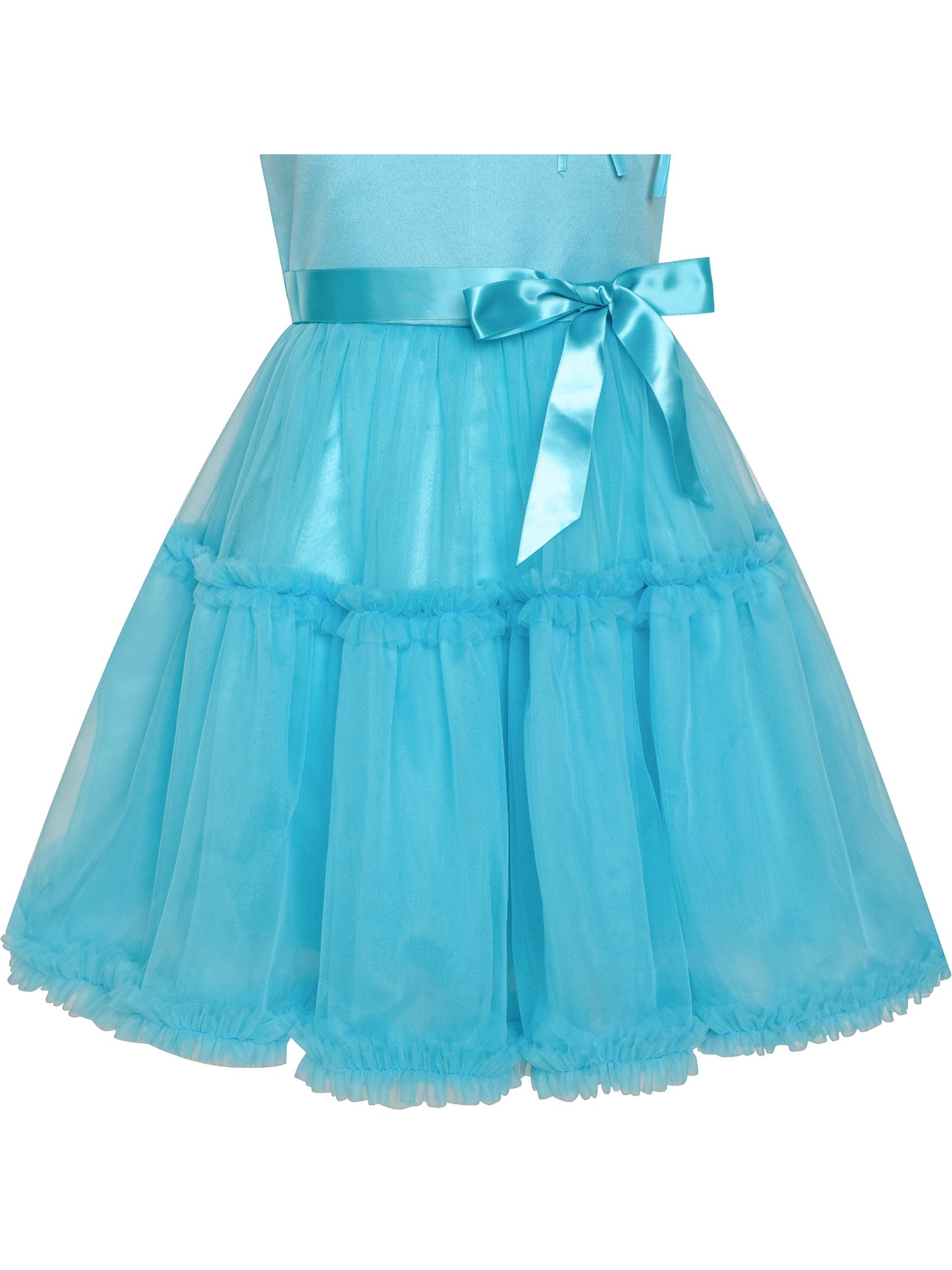 Girls Dress Cold Shoulder Sleeveless Lace Flower Ruffle Blue