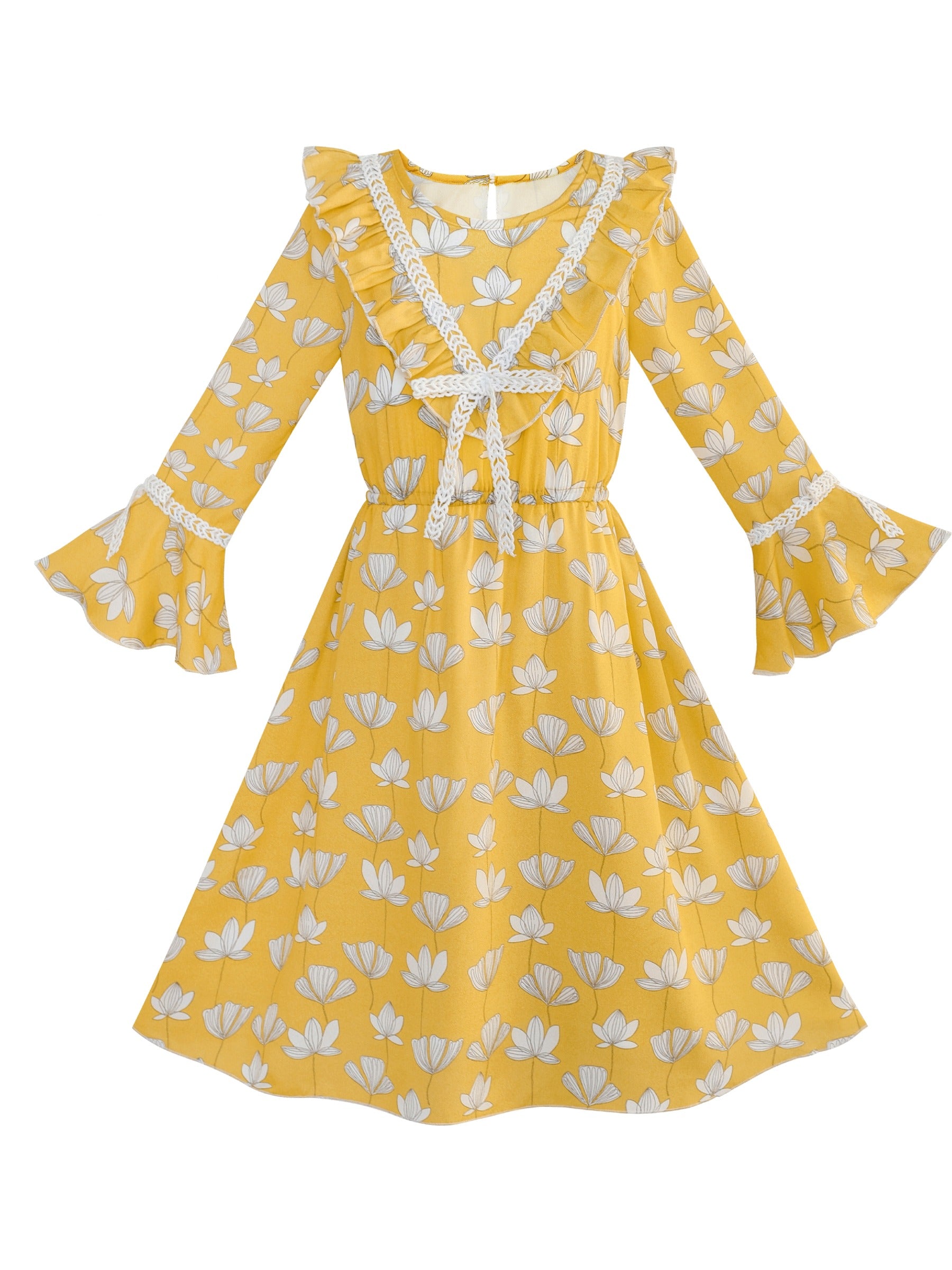 Girls Dress Flower Vintage Short Sleeve Self-tie Neck Chiffon Casual Yellow