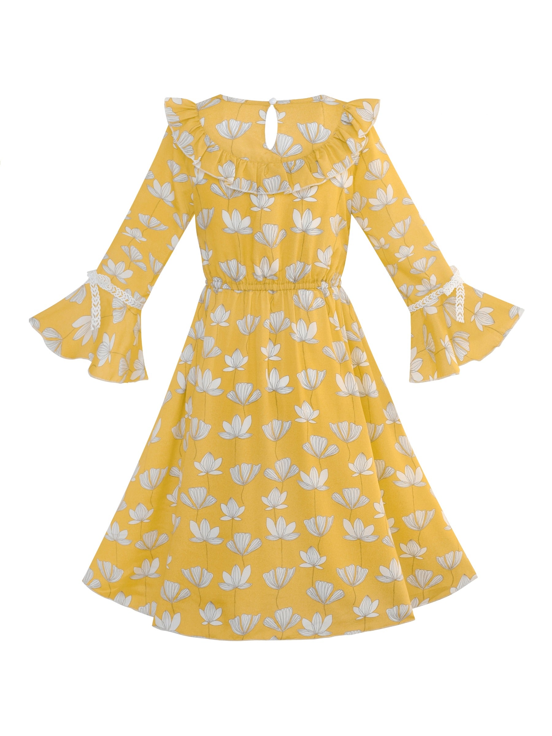 Girls Dress Flower Vintage Short Sleeve Self-tie Neck Chiffon Casual Yellow