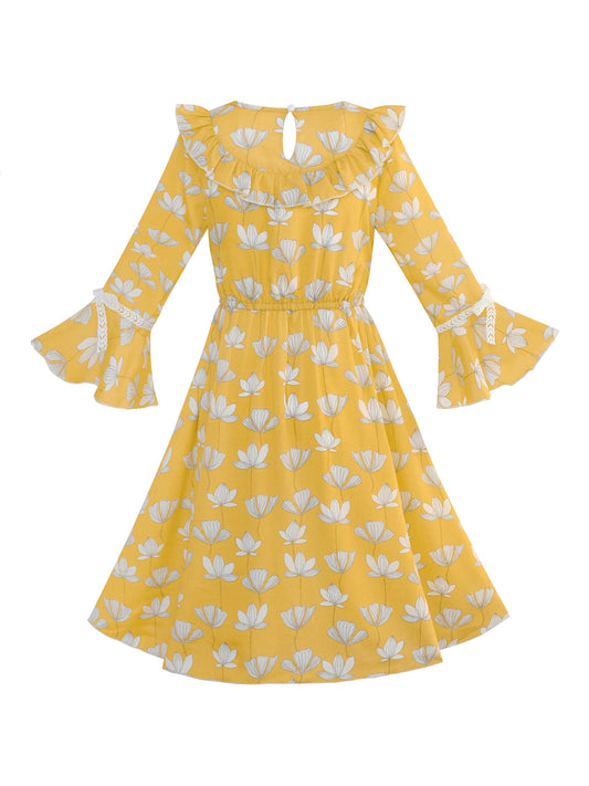 Girls Dress Flower Vintage Short Sleeve Self-tie Neck Chiffon Casual Yellow