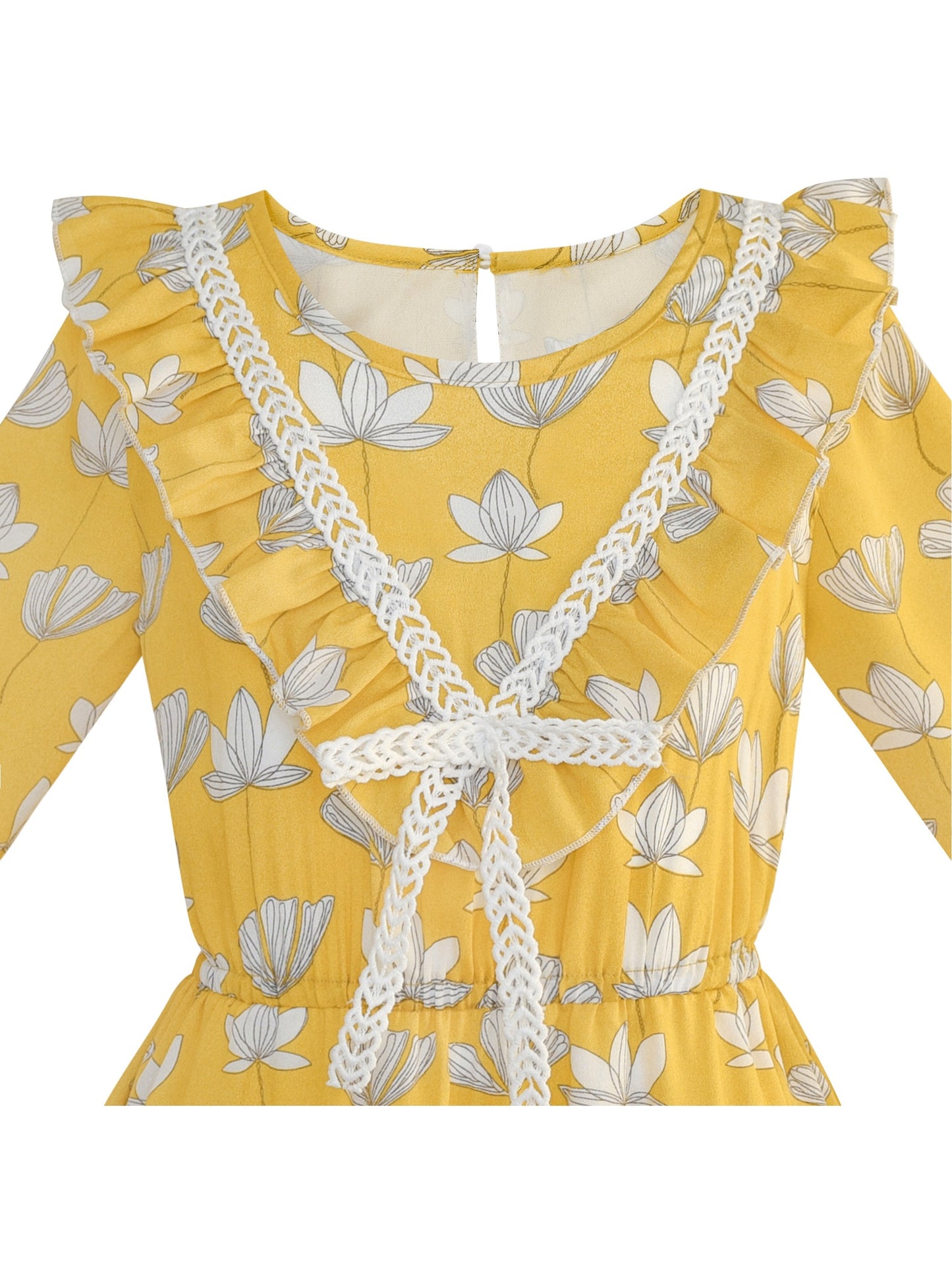 Girls Dress Flower Vintage Short Sleeve Self-tie Neck Chiffon Casual Yellow