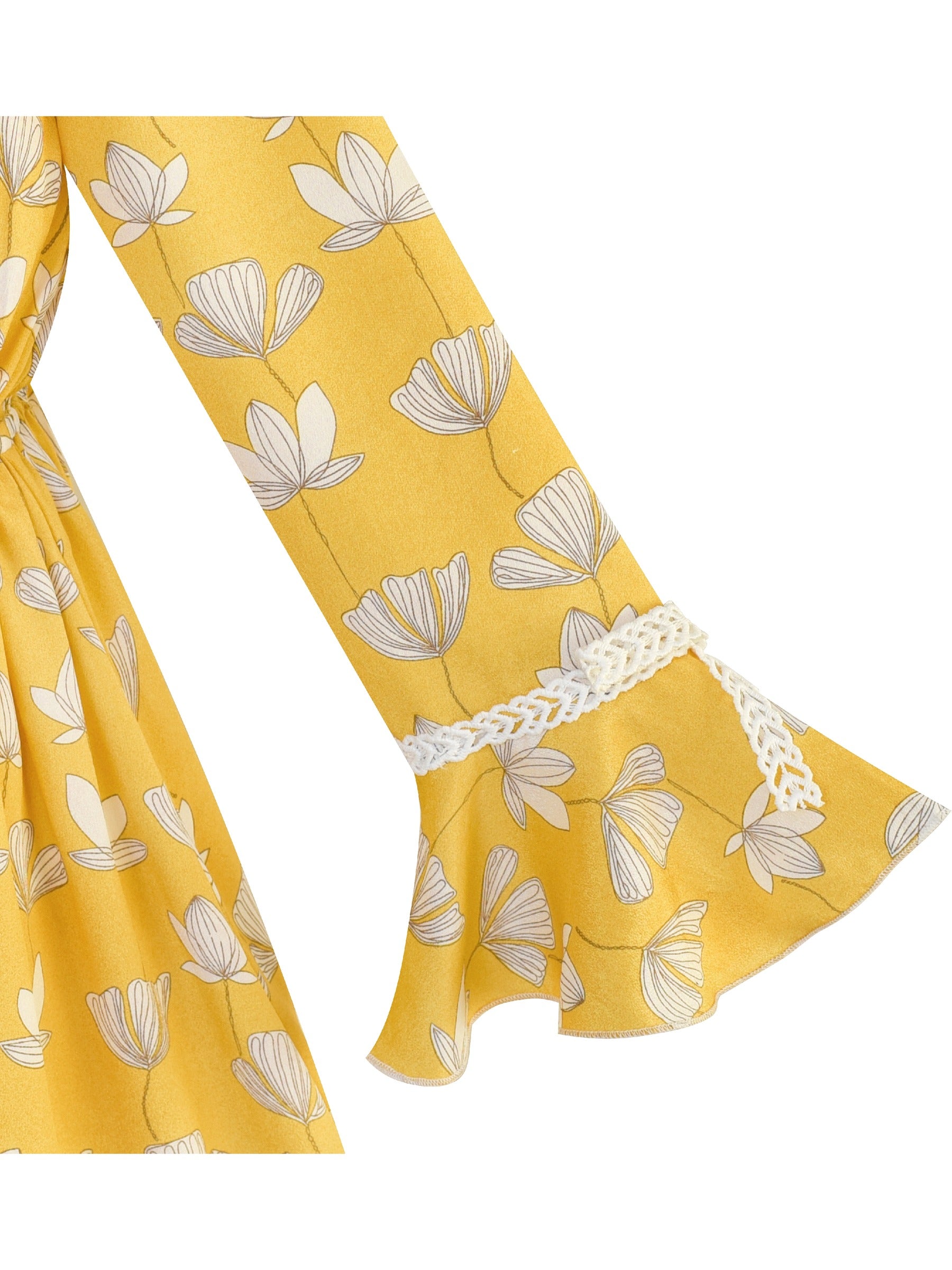 Girls Dress Flower Vintage Short Sleeve Self-tie Neck Chiffon Casual Yellow