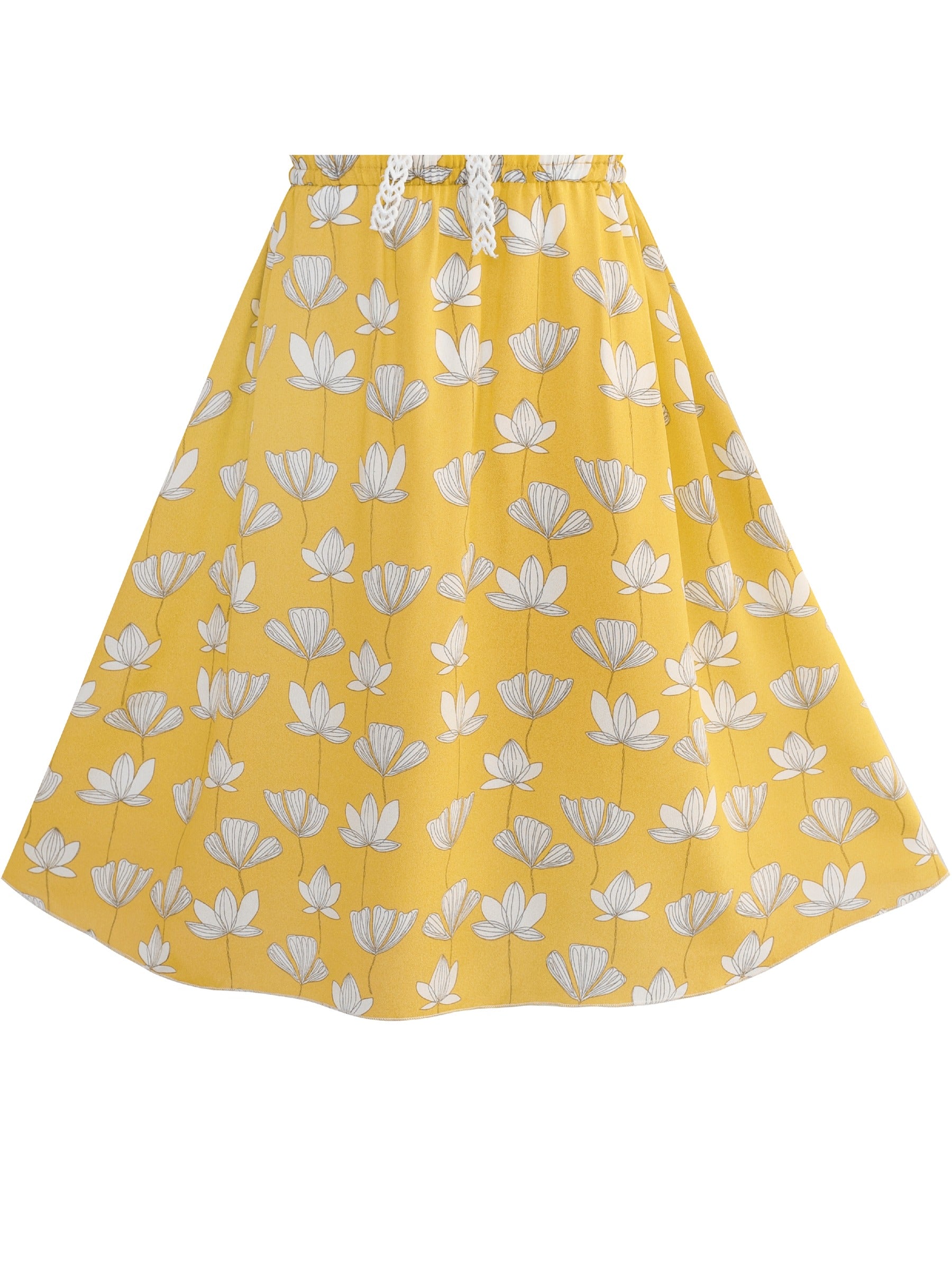 Girls Dress Flower Vintage Short Sleeve Self-tie Neck Chiffon Casual Yellow