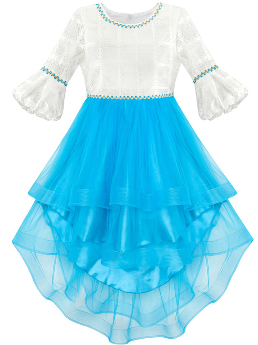 Girls Dress White and Black Hi-lo Party Dancing Pageant Blue