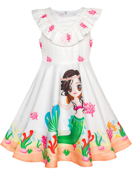 Girls Dress Mermaid Cartoon Princess Ruffle Collar Party Dress White