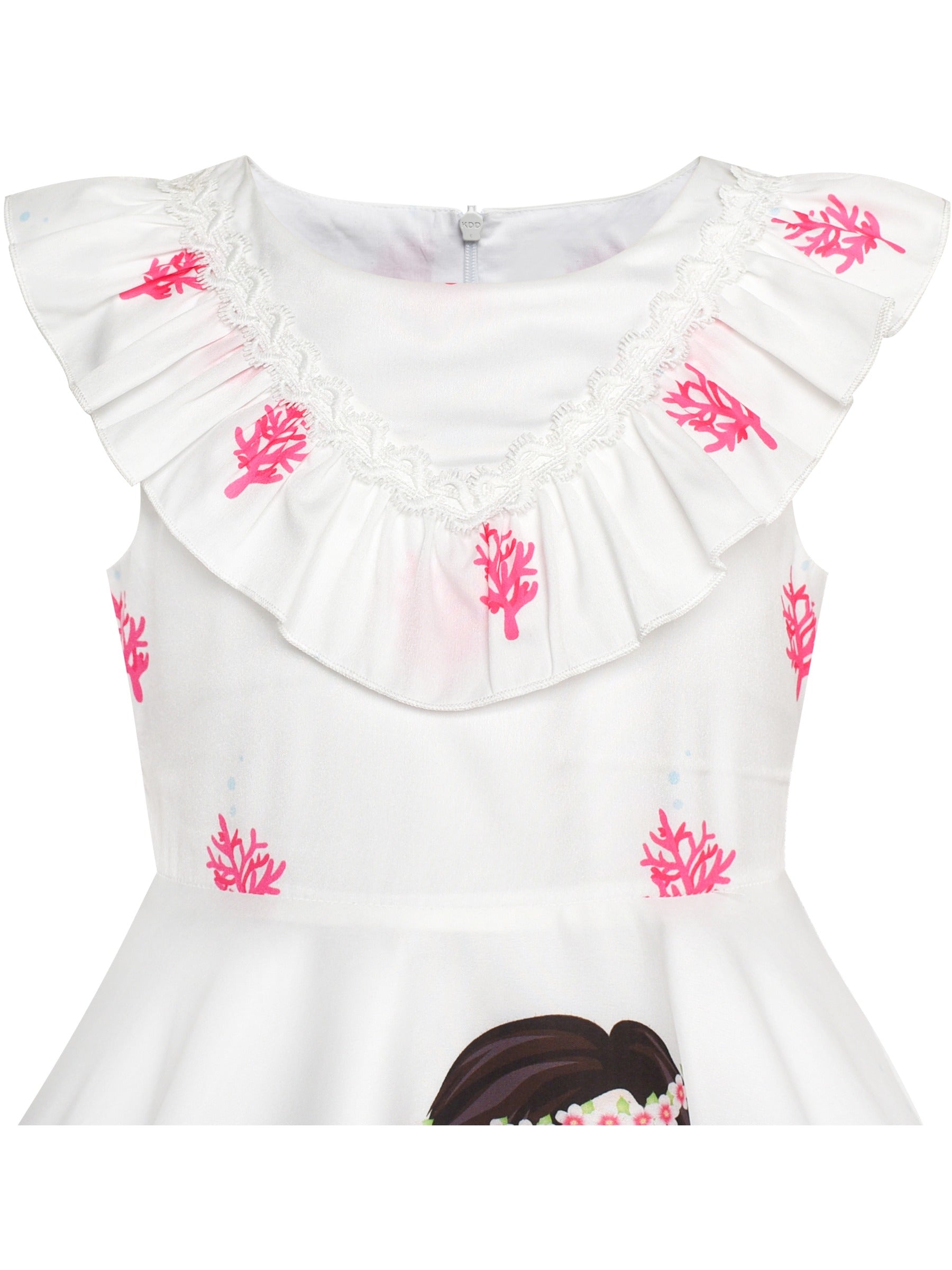 Girls Dress Mermaid Cartoon Princess Ruffle Collar Party Dress White