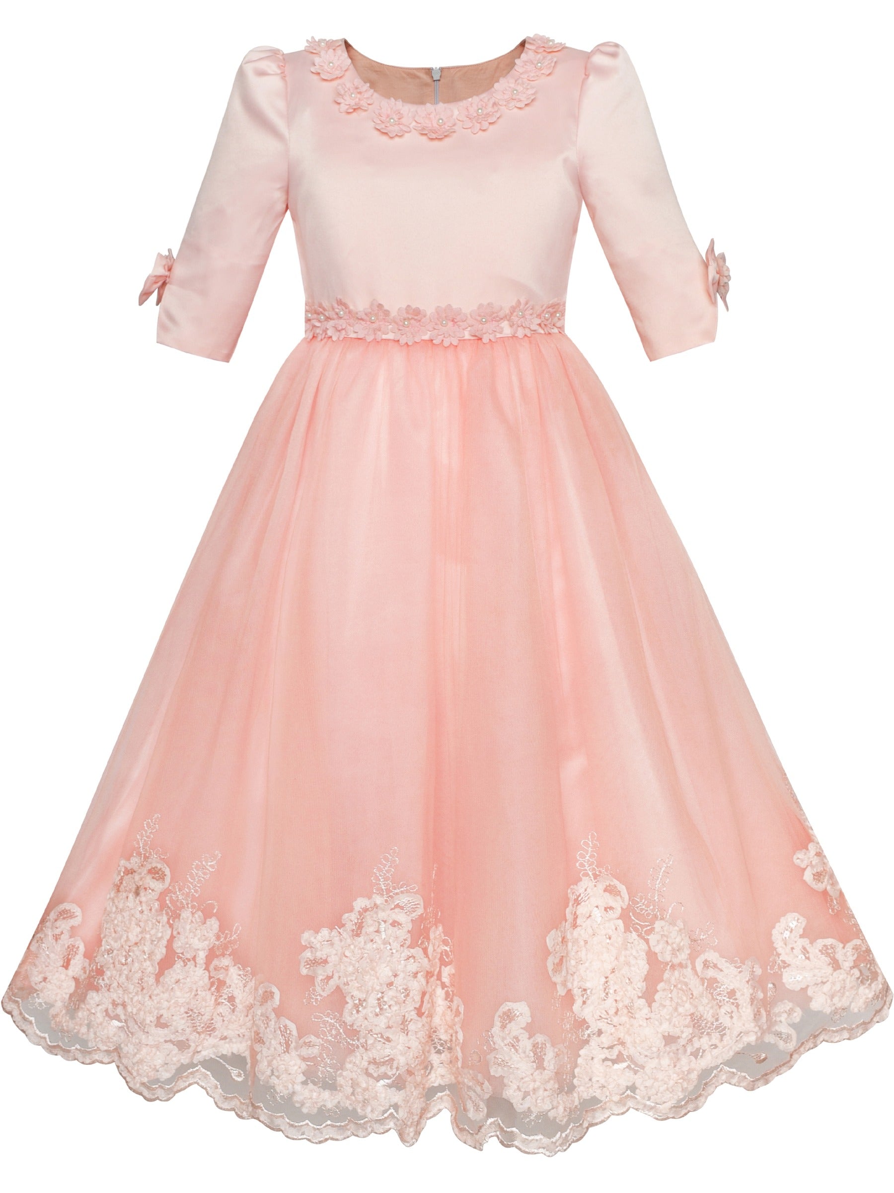 Girls Dress Purple Lace Tulle Princess V Neck Sequin Bell Sleeve Pageant Party Event Pink
