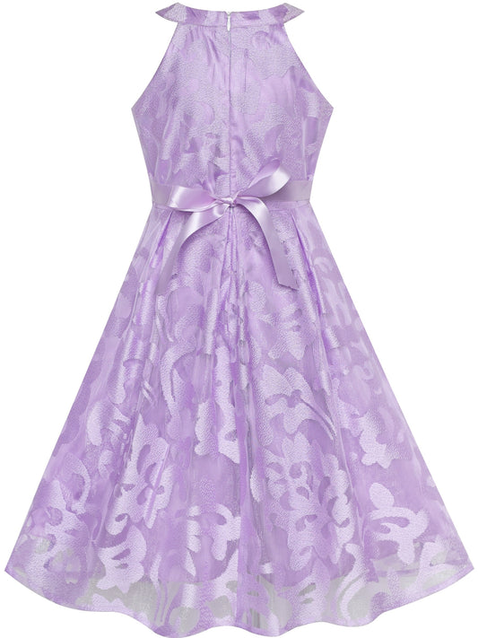 Girls Dress Colorful Dot Lace Halter Wedding Bridesmaid Gown Purple