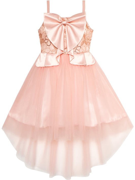 Flower Girls Dress Bow Tie Hi-low Wedding Party Pink