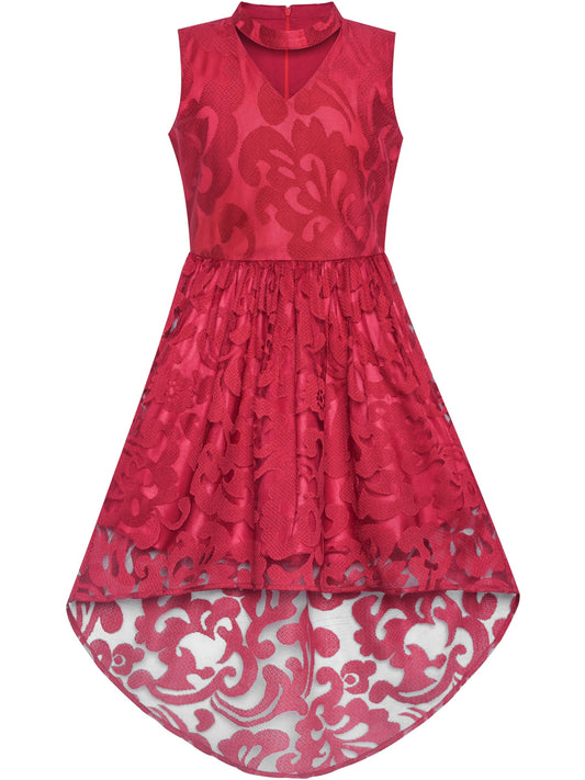 Girls Dress Navy Blue Lace Halter Hi-low Dress Dancing Party Red