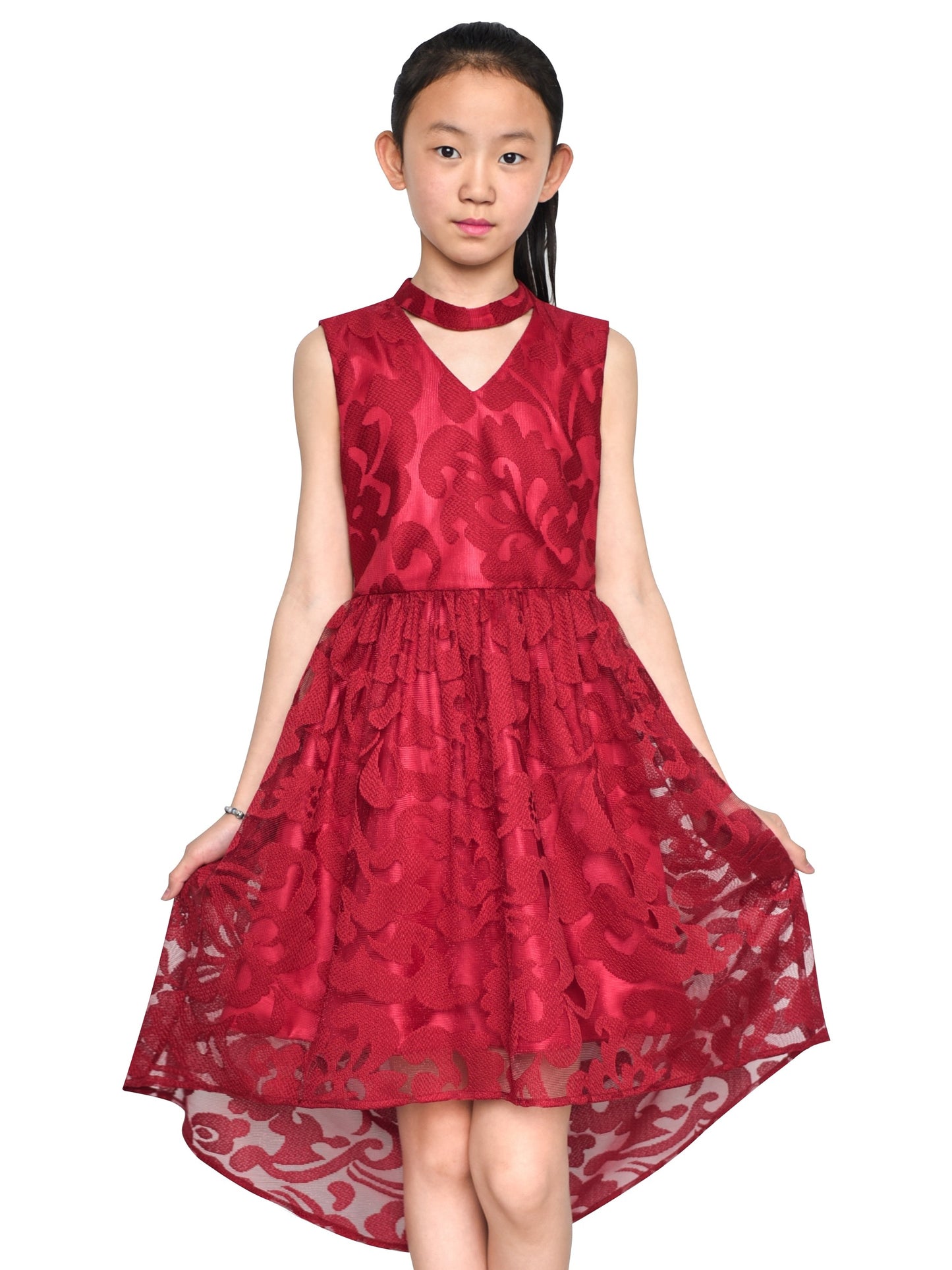 Girls Dress Navy Blue Lace Halter Hi-low Dress Dancing Party Red