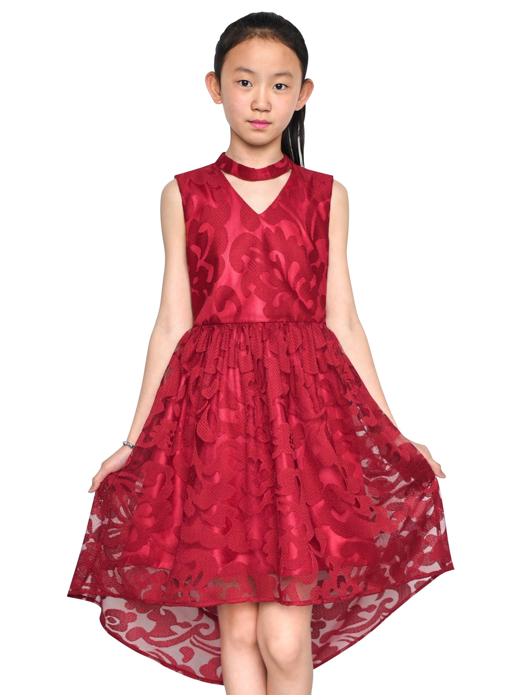 Girls Dress Navy Blue Lace Halter Hi-low Dress Dancing Party Red