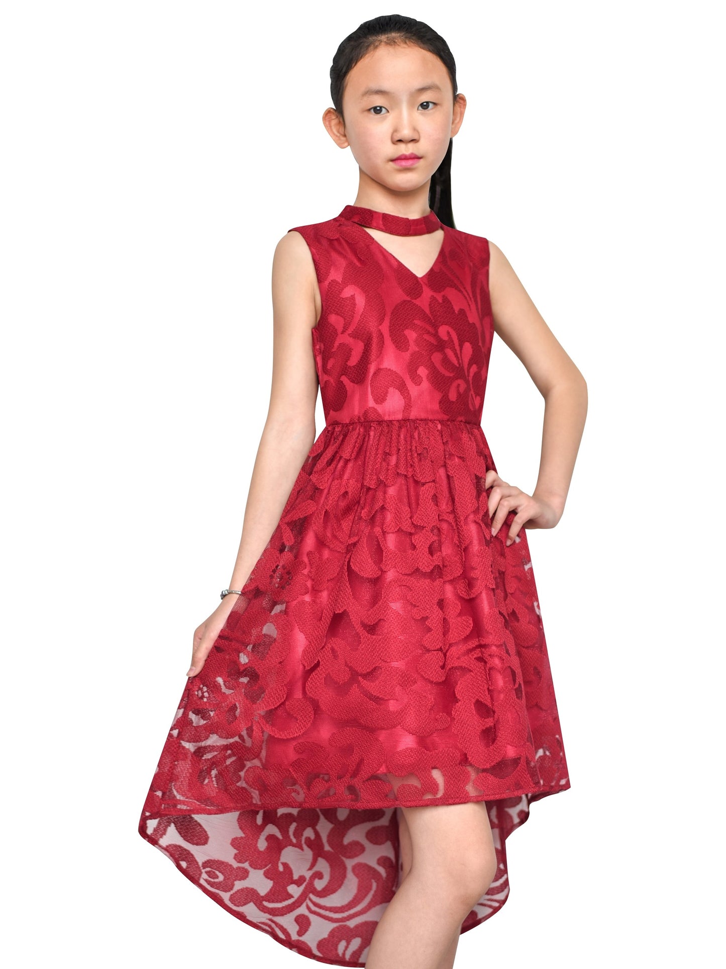 Girls Dress Navy Blue Lace Halter Hi-low Dress Dancing Party Red