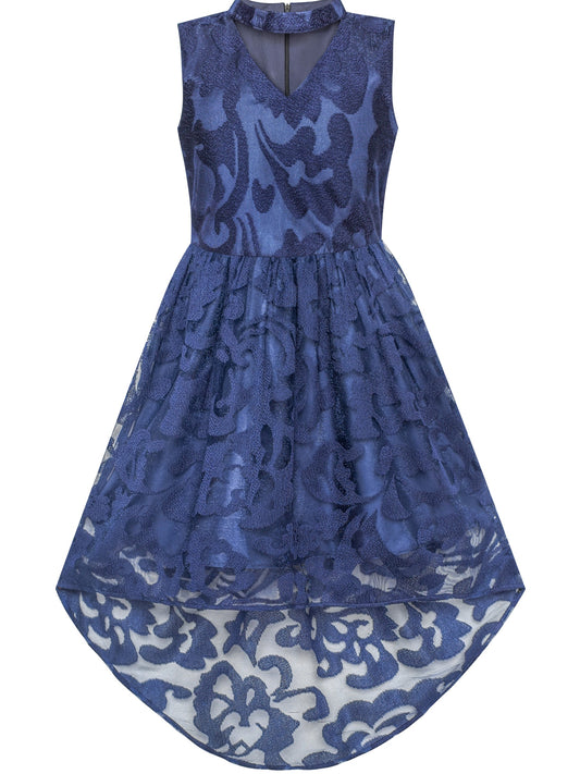 Girls Dress Navy Blue Lace Halter Hi-low Dress Dancing Party Blue
