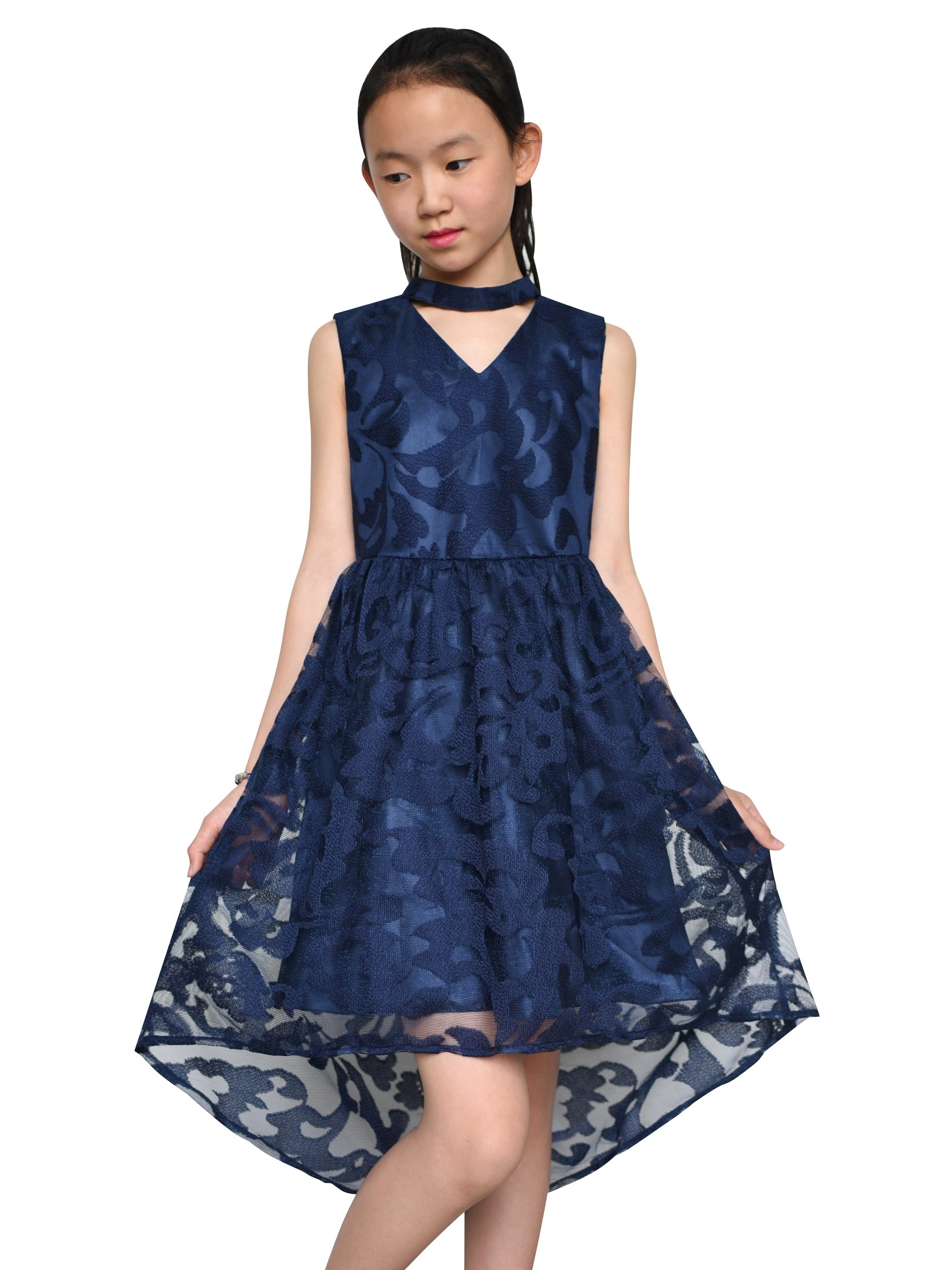 Girls Dress Navy Blue Lace Halter Hi-low Dress Dancing Party Blue