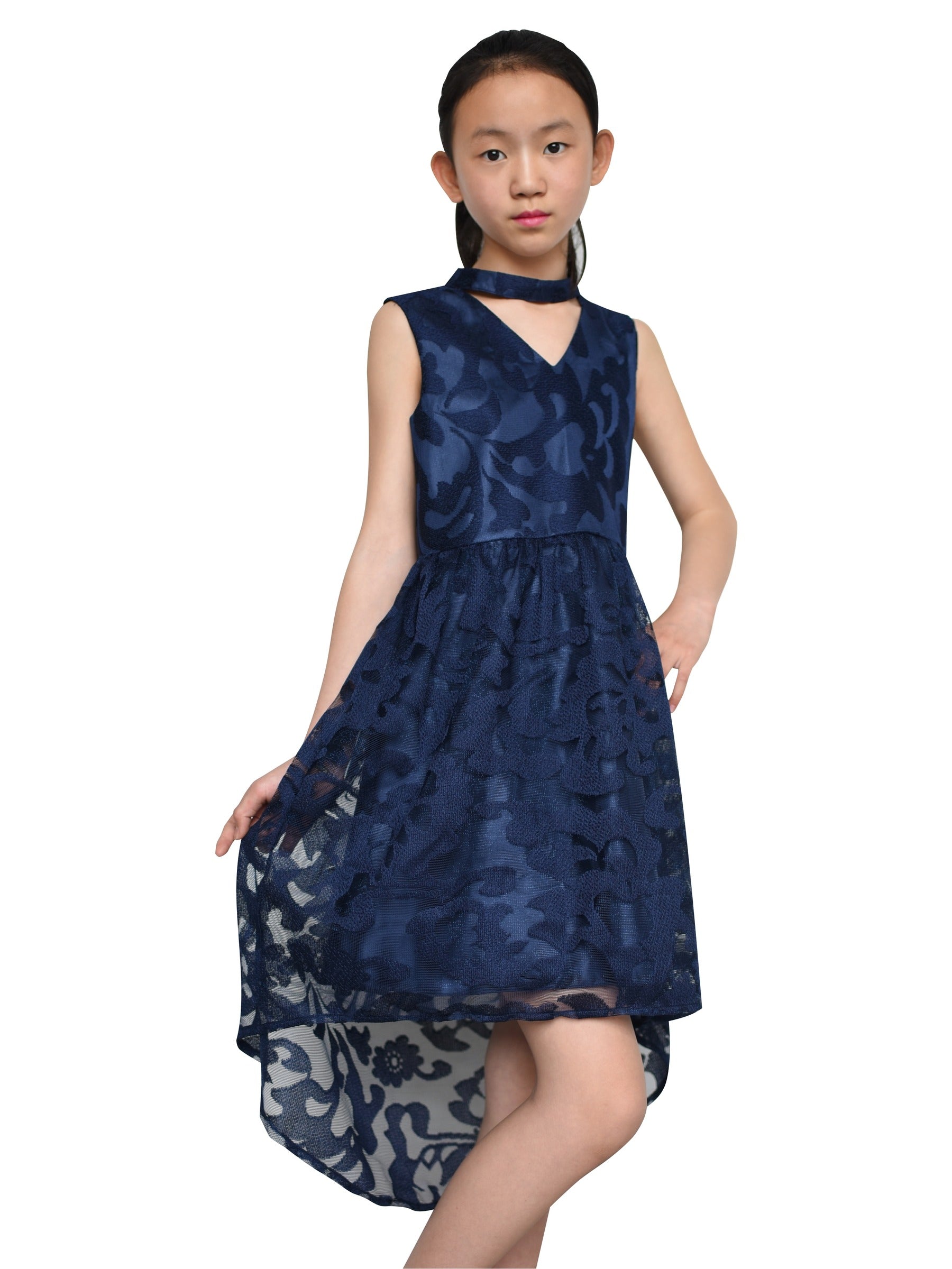 Girls Dress Navy Blue Lace Halter Hi-low Dress Dancing Party Blue