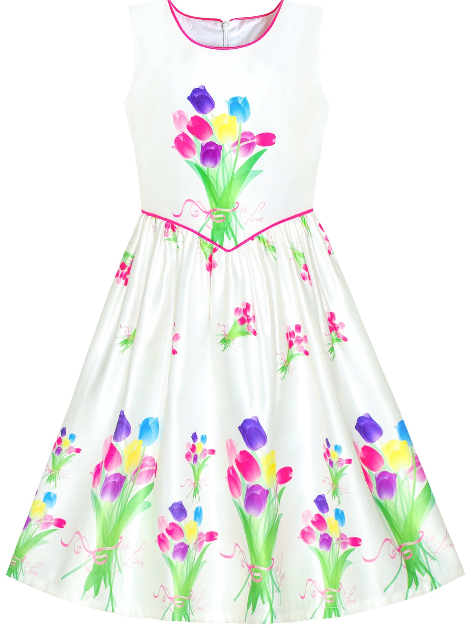Girls Dress Tulip Flower Bouquet Spring Party Sundress White