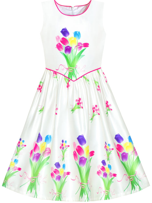 Girls Dress Tulip Flower Bouquet Spring Party Sundress White