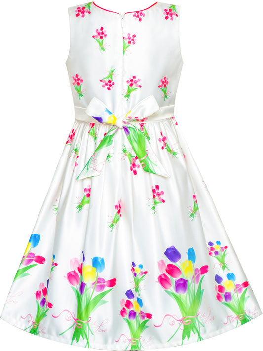 Girls Dress Tulip Flower Bouquet Spring Party Sundress White
