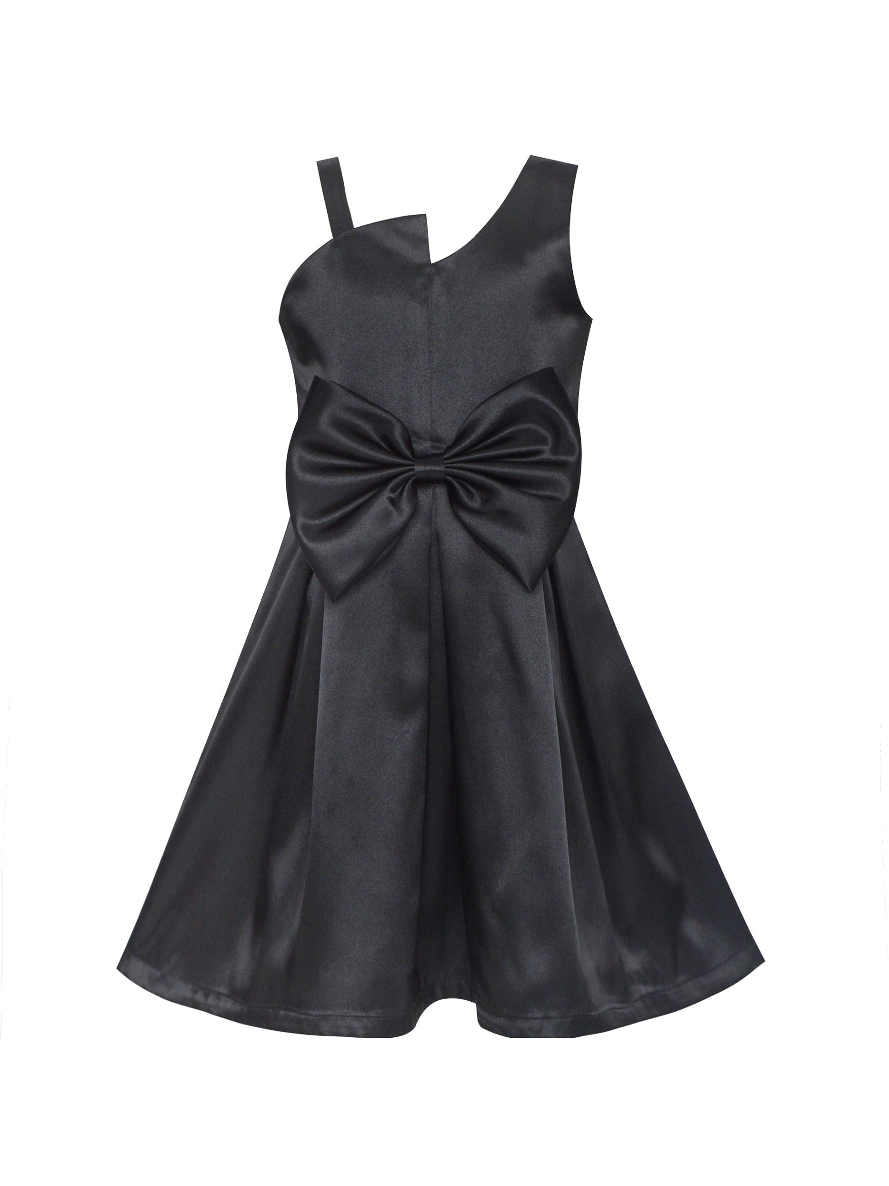 Girls Dress Black Satin One-Shoulder Crown Gloves Party Costume Black
