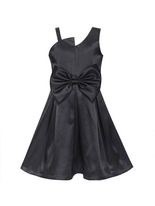 Girls Dress Black Satin One-Shoulder Crown Gloves Party Costume Black