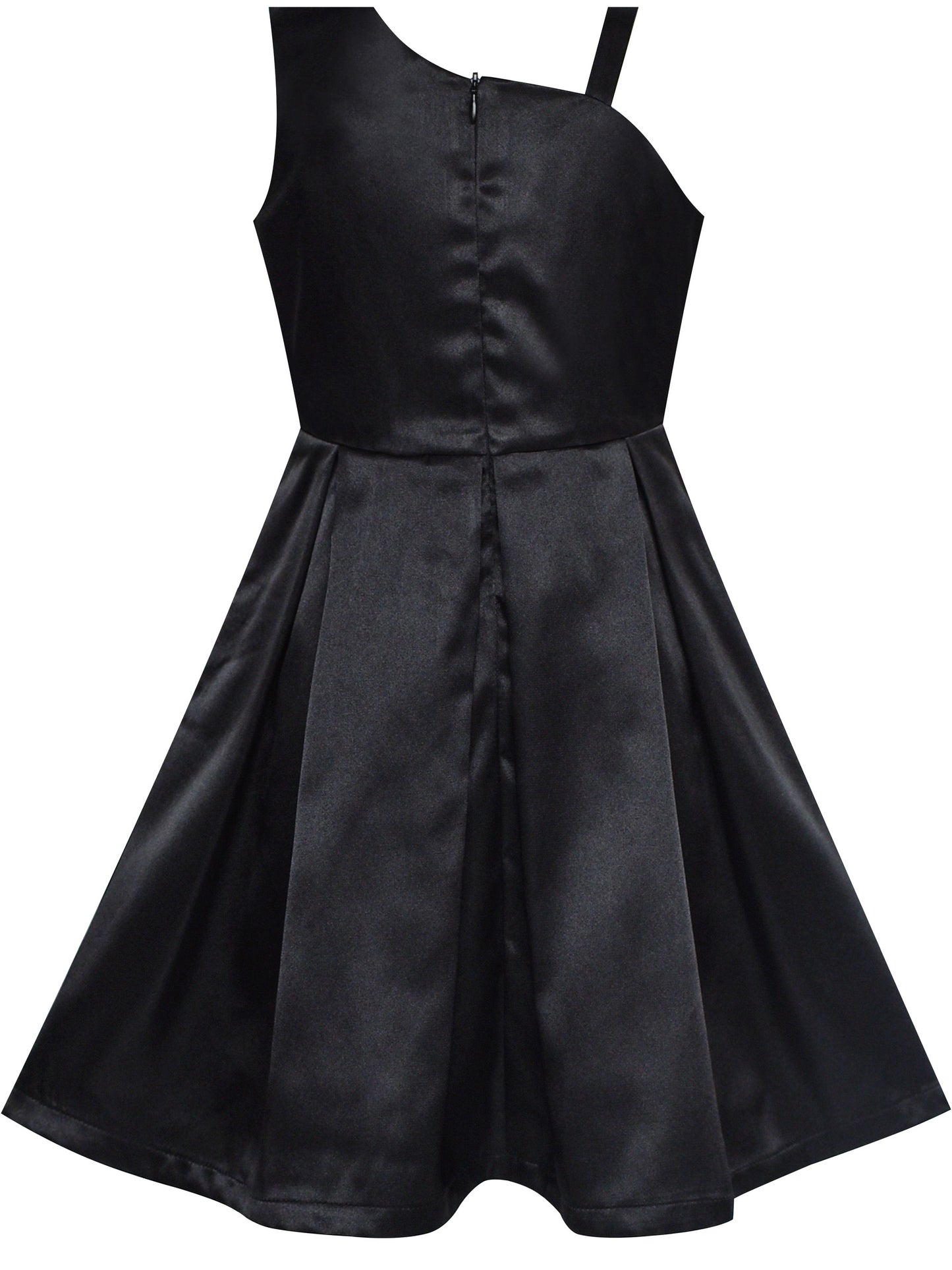 Girls Dress Black Satin One-Shoulder Crown Gloves Party Costume Black