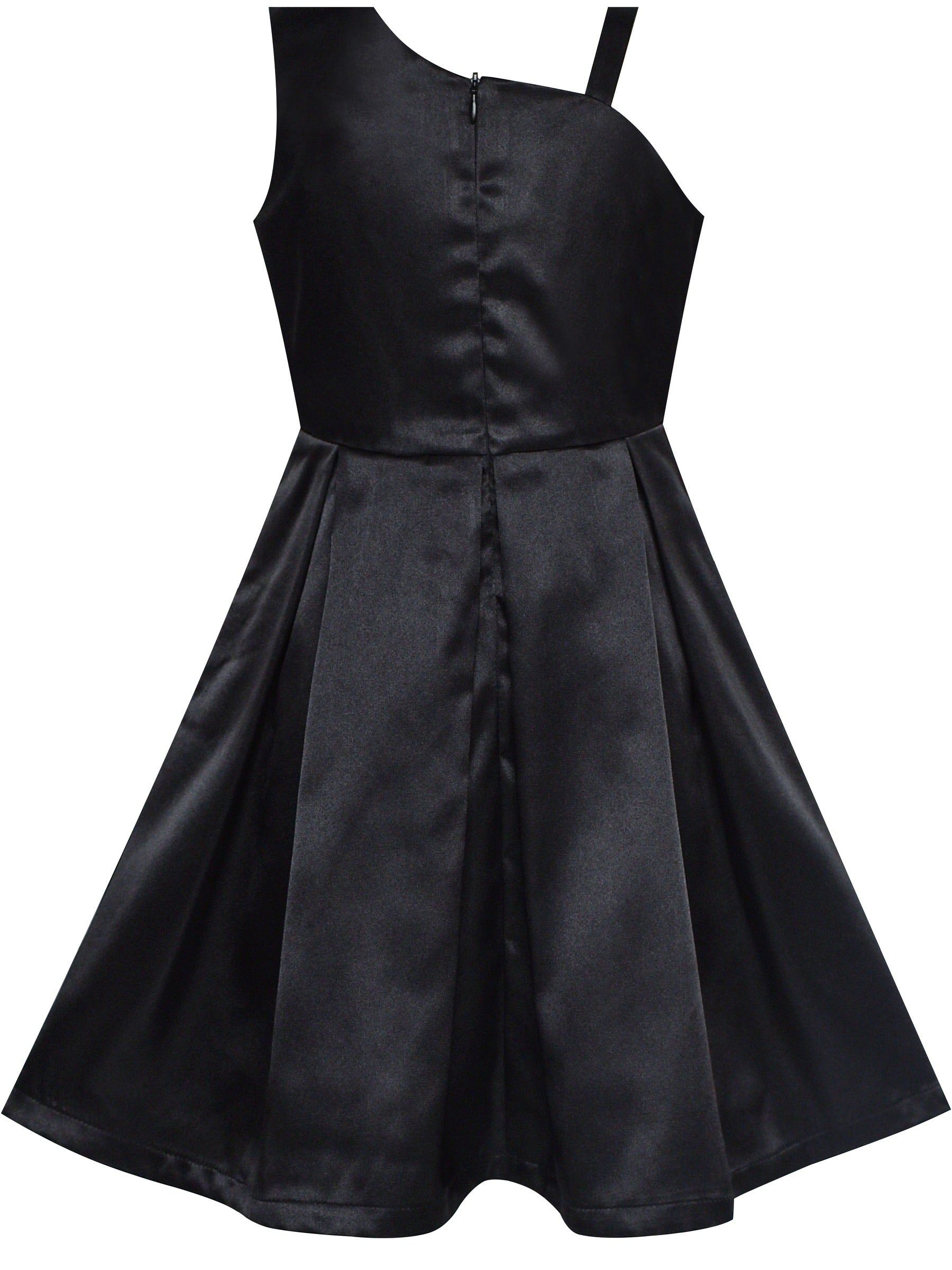 Girls Dress Black Satin One-Shoulder Crown Gloves Party Costume Black