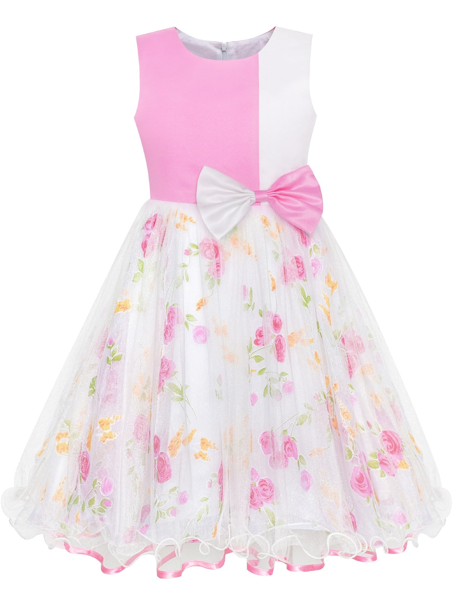 Girls Dress Sleeveless Lace Tulle Wave Pattern Black White Pink
