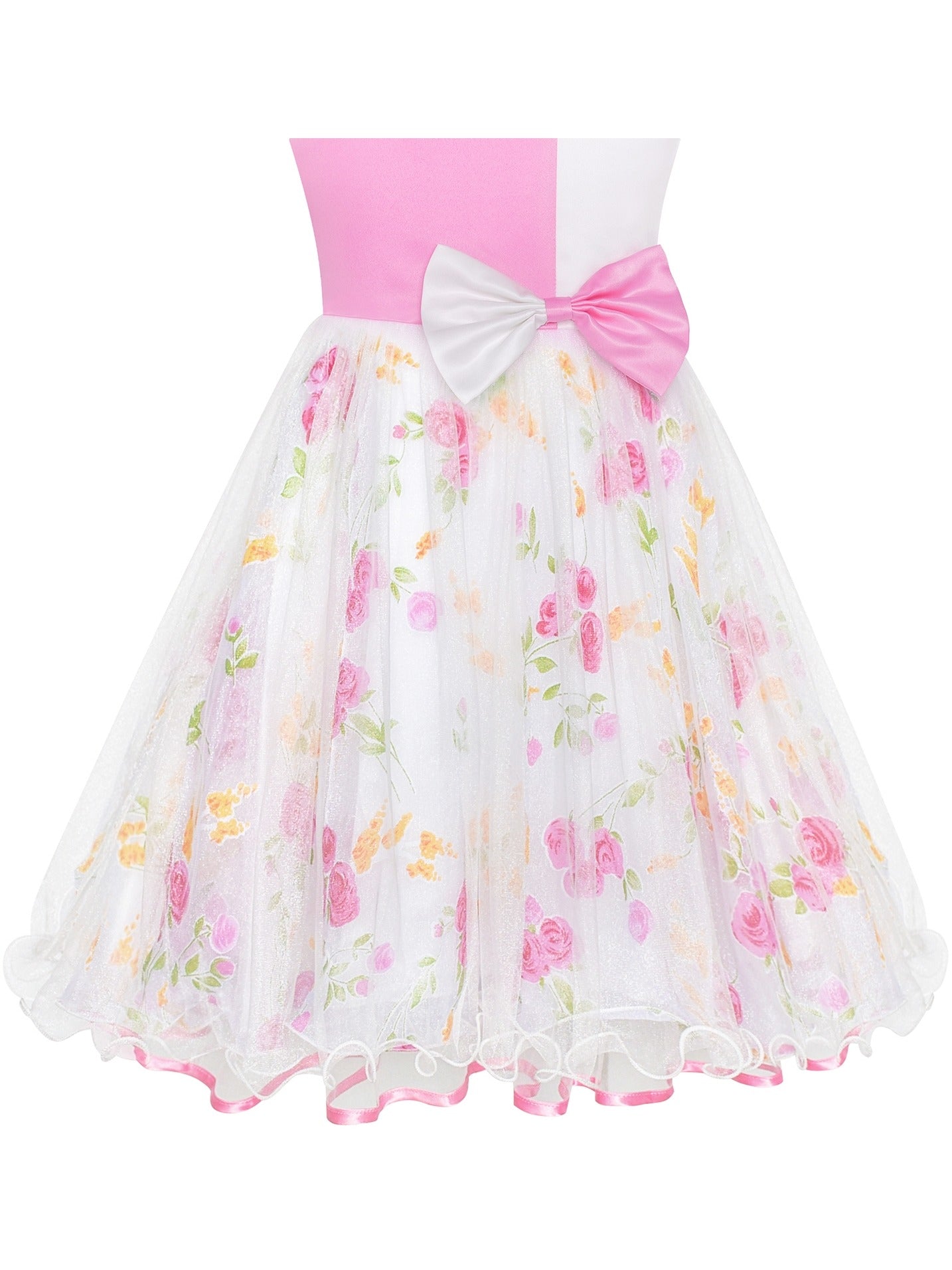 Girls Dress Sleeveless Lace Tulle Wave Pattern Black White Pink