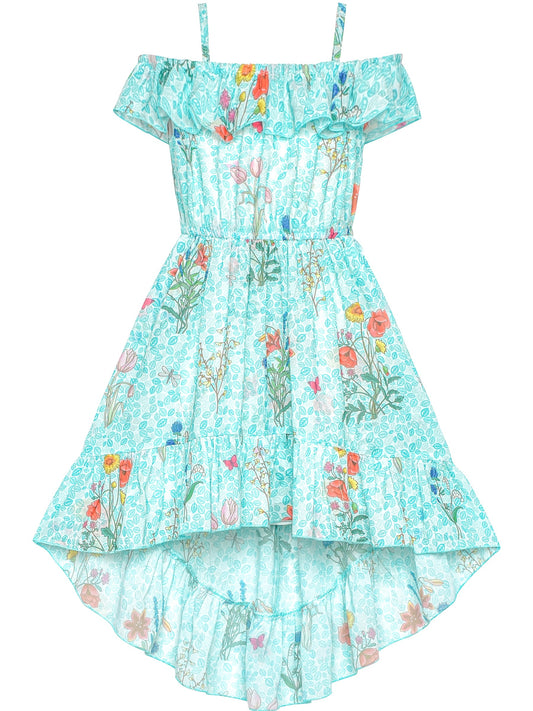 Girls Dress Off Shoulder Chiffon Floral Hi-low Party Dress Blue