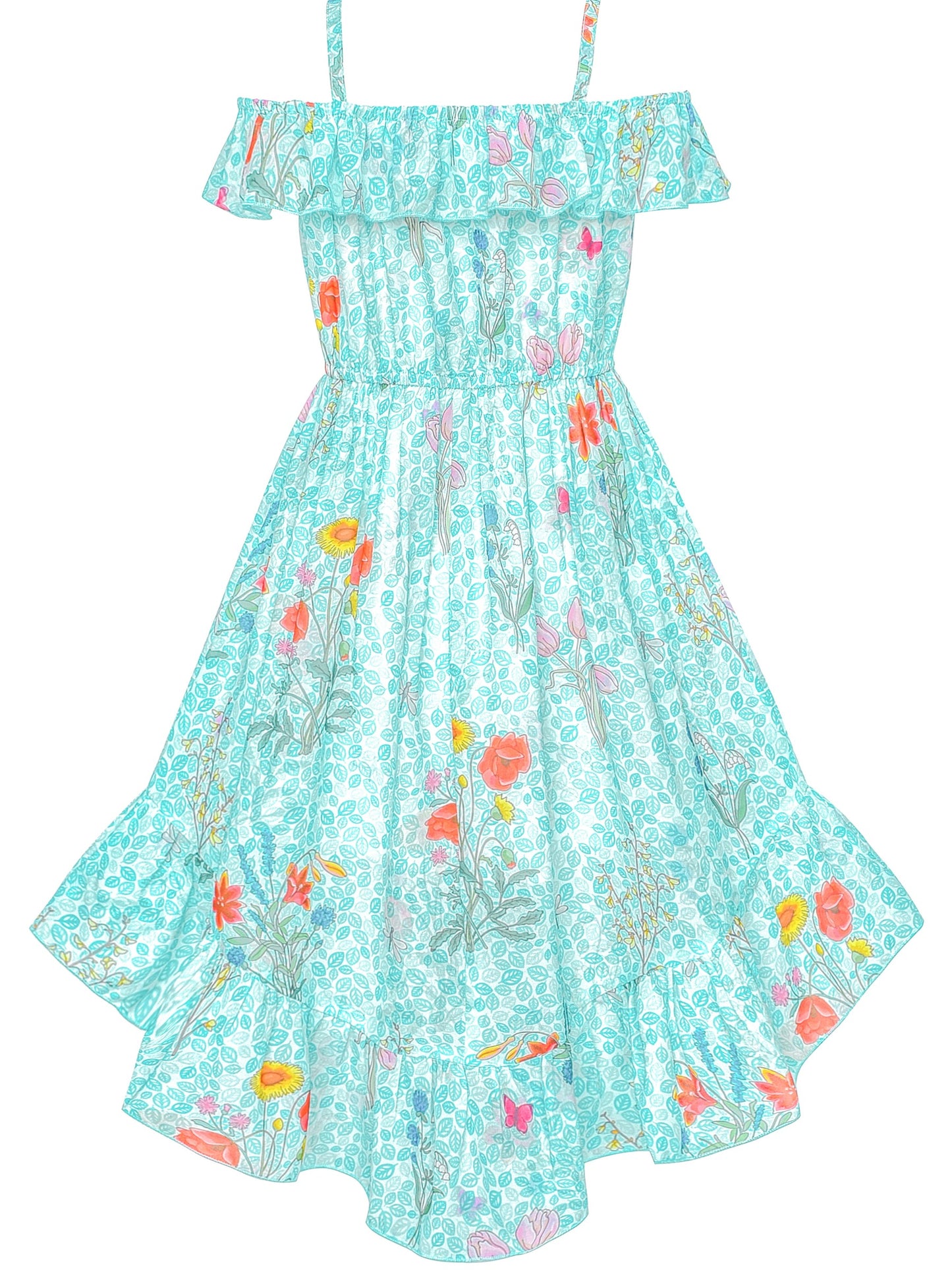 Girls Dress Off Shoulder Chiffon Floral Hi-low Party Dress Blue