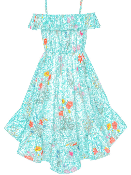 Girls Dress Off Shoulder Chiffon Floral Hi-low Party Dress Blue