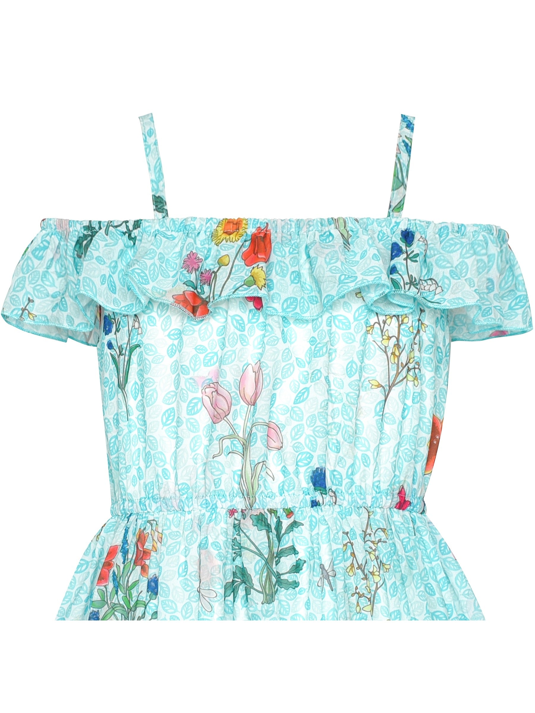 Girls Dress Off Shoulder Chiffon Floral Hi-low Party Dress Blue