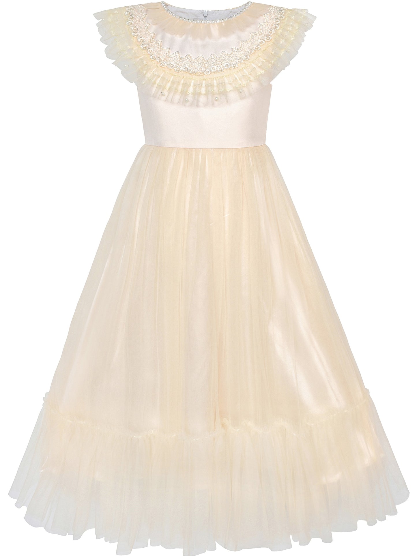 Pink Girls Dress Flutter Sleeves 3D Flower Layered Ruffled Design Party Princess Style for Birthday Wedding Beige