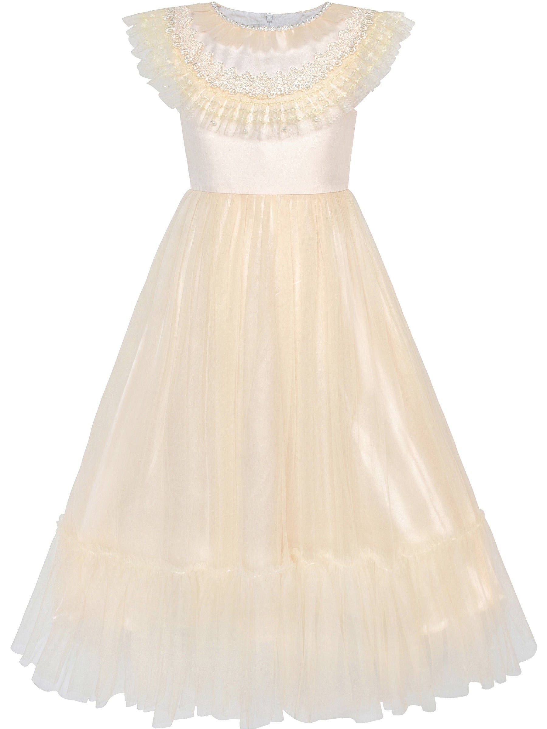 Pink Girls Dress Flutter Sleeves 3D Flower Layered Ruffled Design Party Princess Style for Birthday Wedding Beige