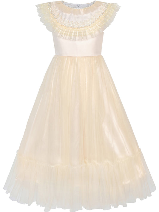 Pink Girls Dress Flutter Sleeves 3D Flower Layered Ruffled Design Party Princess Style for Birthday Wedding Beige