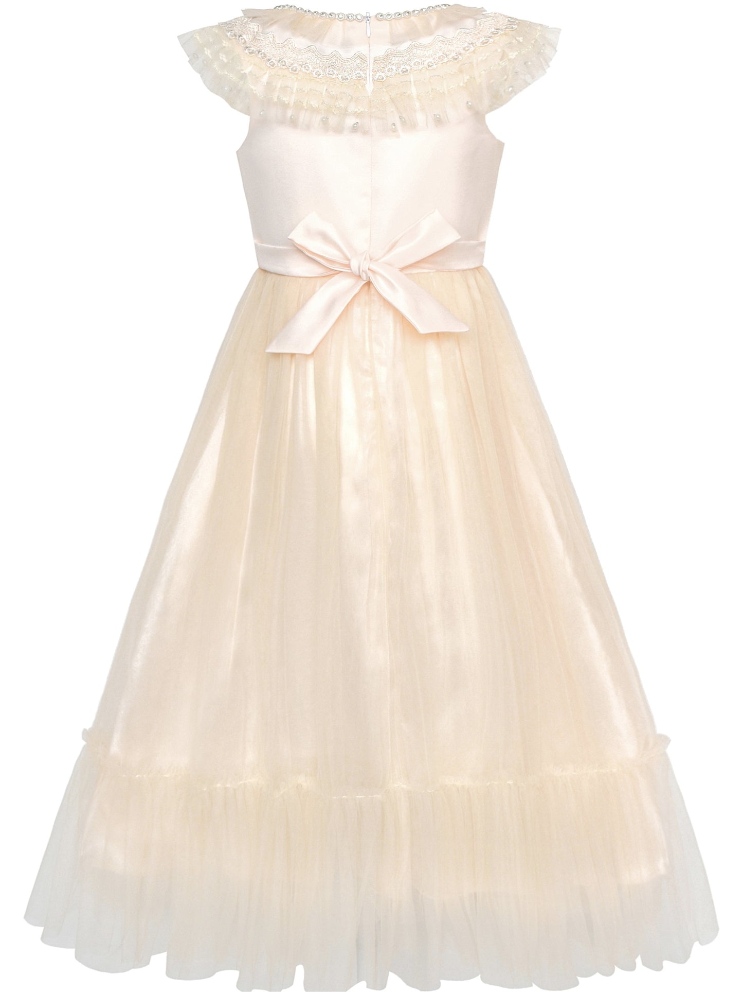 Pink Girls Dress Flutter Sleeves 3D Flower Layered Ruffled Design Party Princess Style for Birthday Wedding Beige