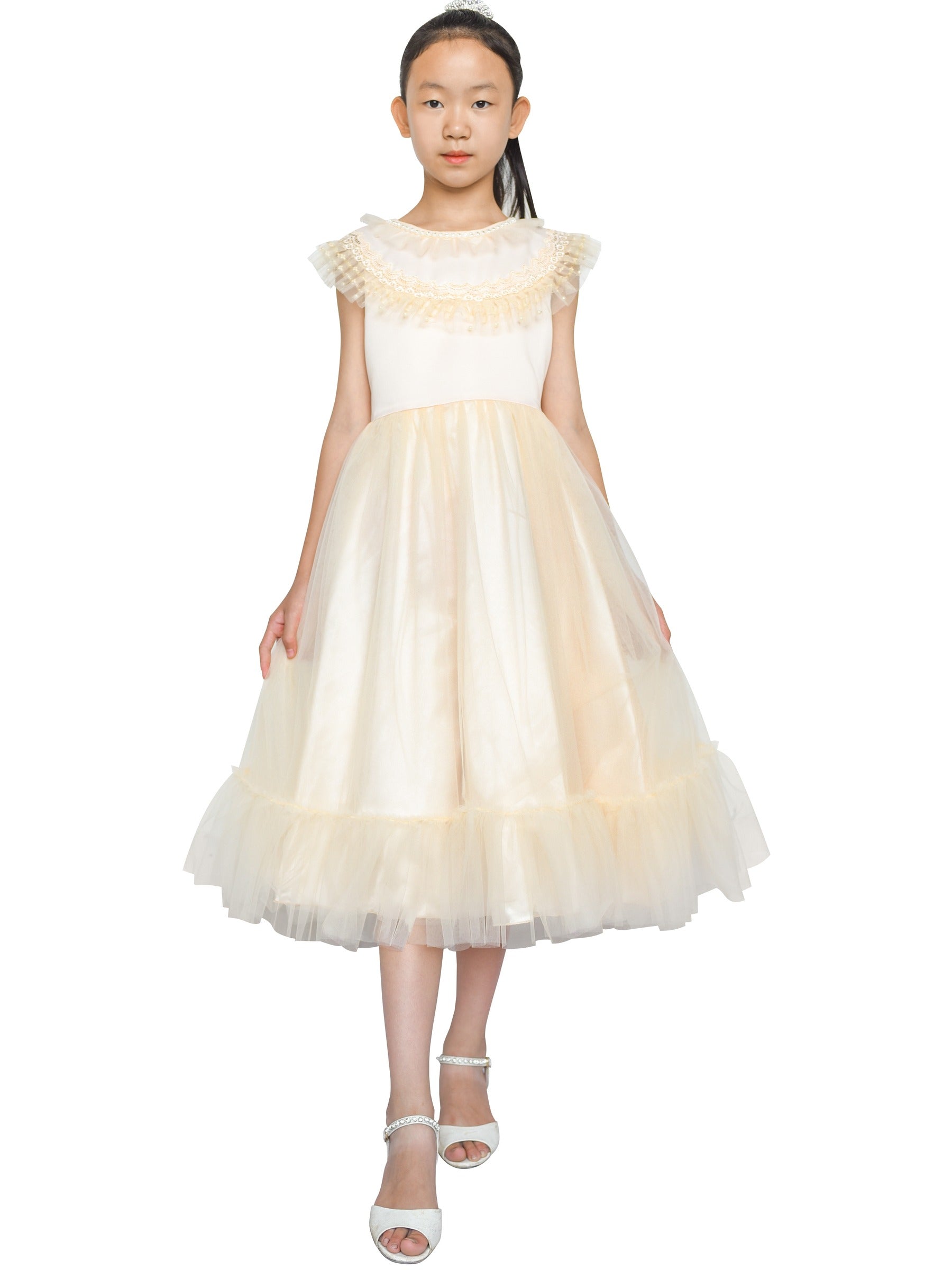 Pink Girls Dress Flutter Sleeves 3D Flower Layered Ruffled Design Party Princess Style for Birthday Wedding Beige