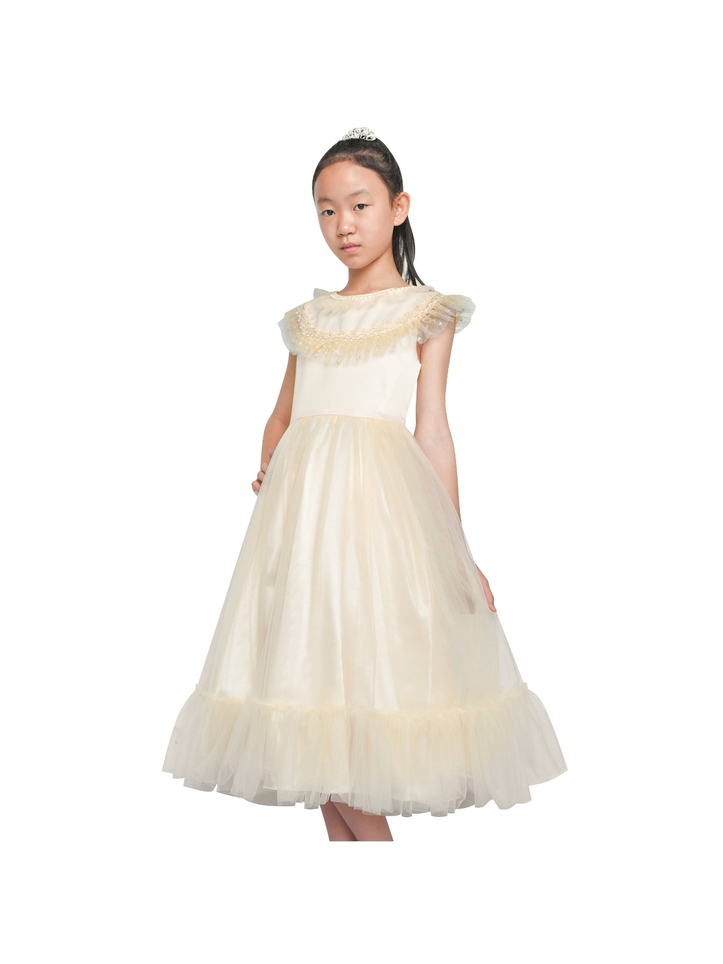 Pink Girls Dress Flutter Sleeves 3D Flower Layered Ruffled Design Party Princess Style for Birthday Wedding Beige