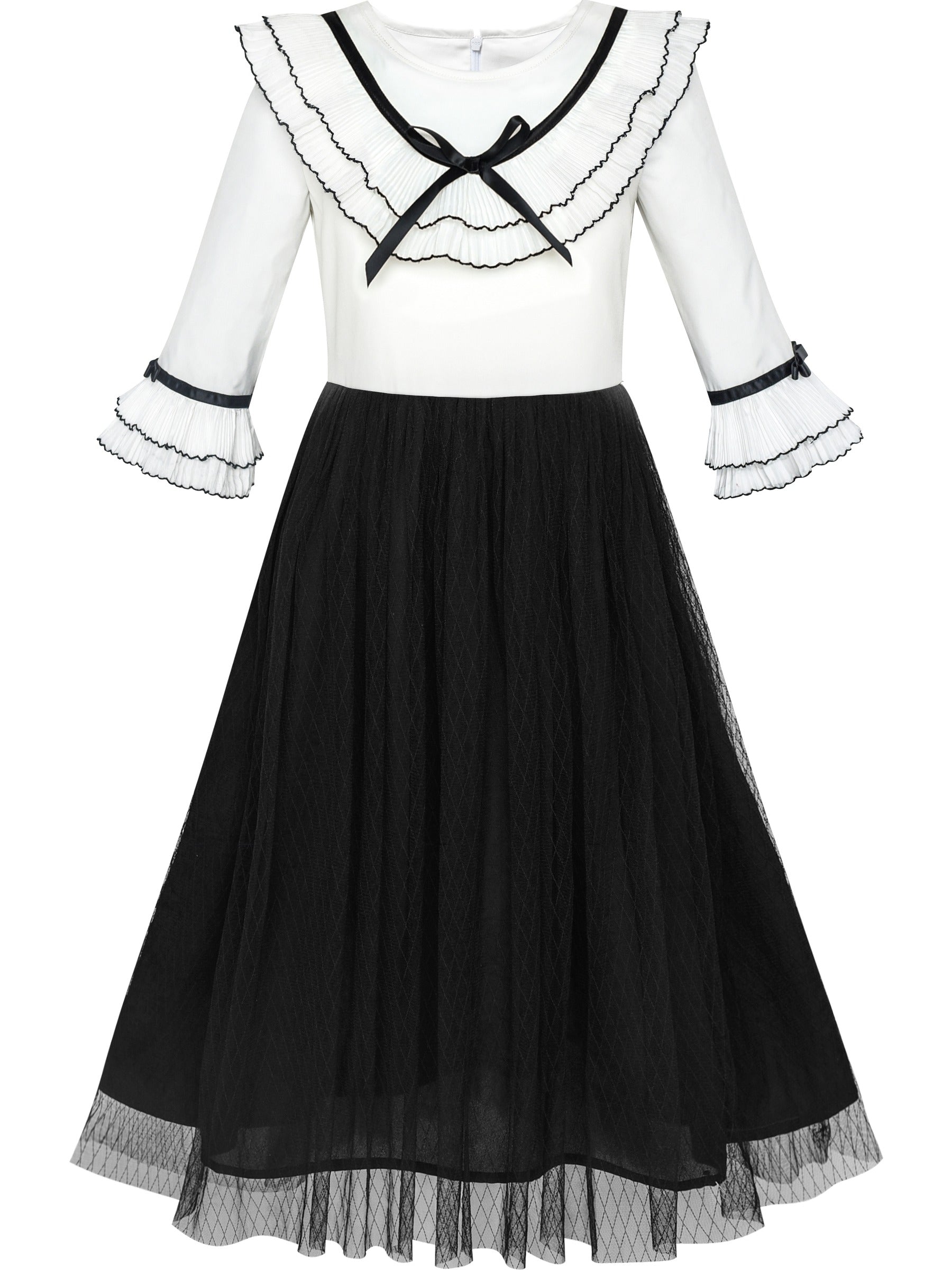 Girls Dress Chiffon Elbow-length Sleeve Black White Black