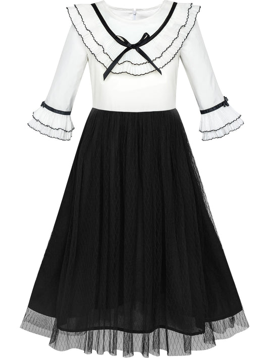 Girls Dress Chiffon Elbow-length Sleeve Black White Black