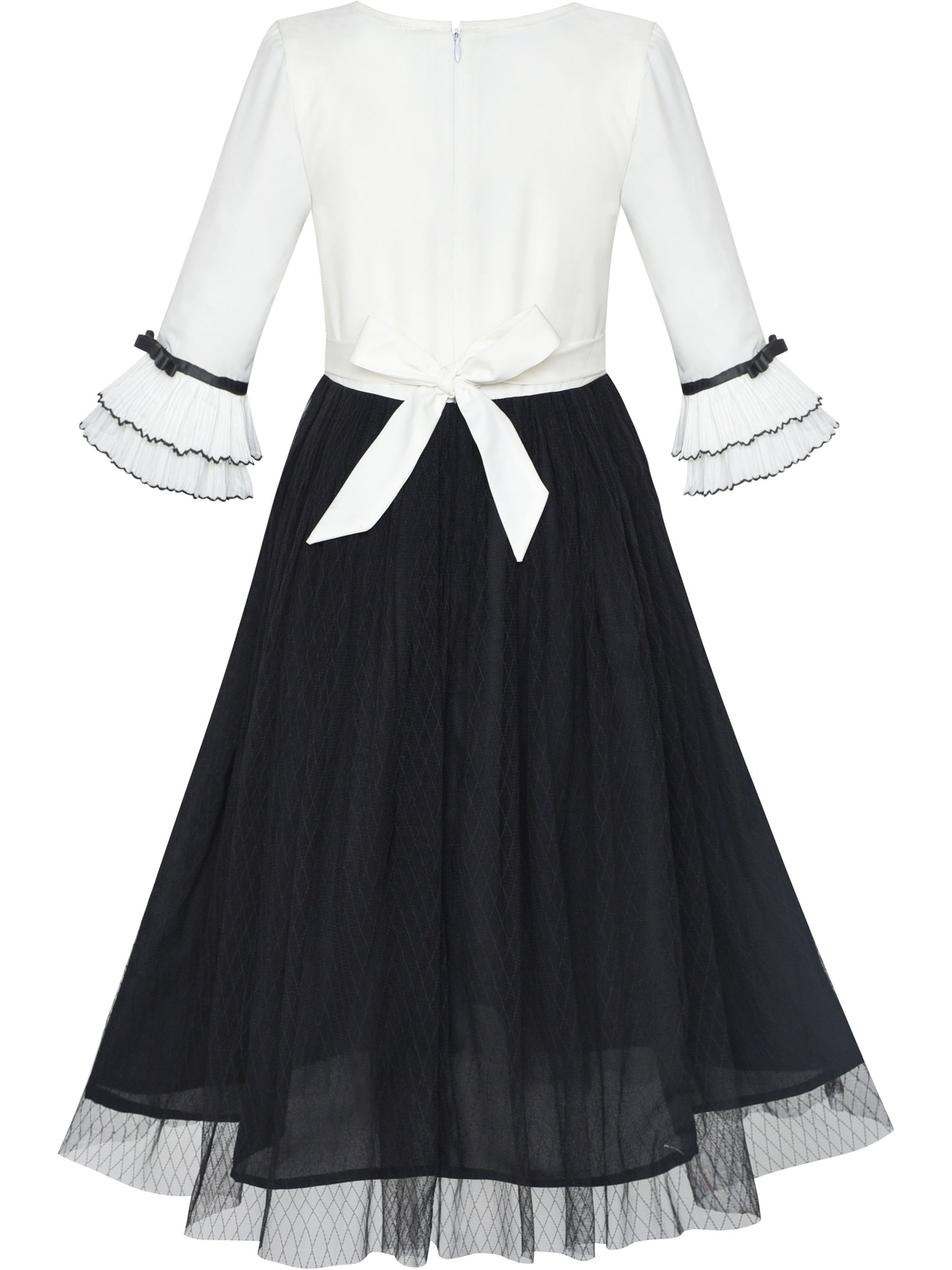 Girls Dress Chiffon Elbow-length Sleeve Black White Black