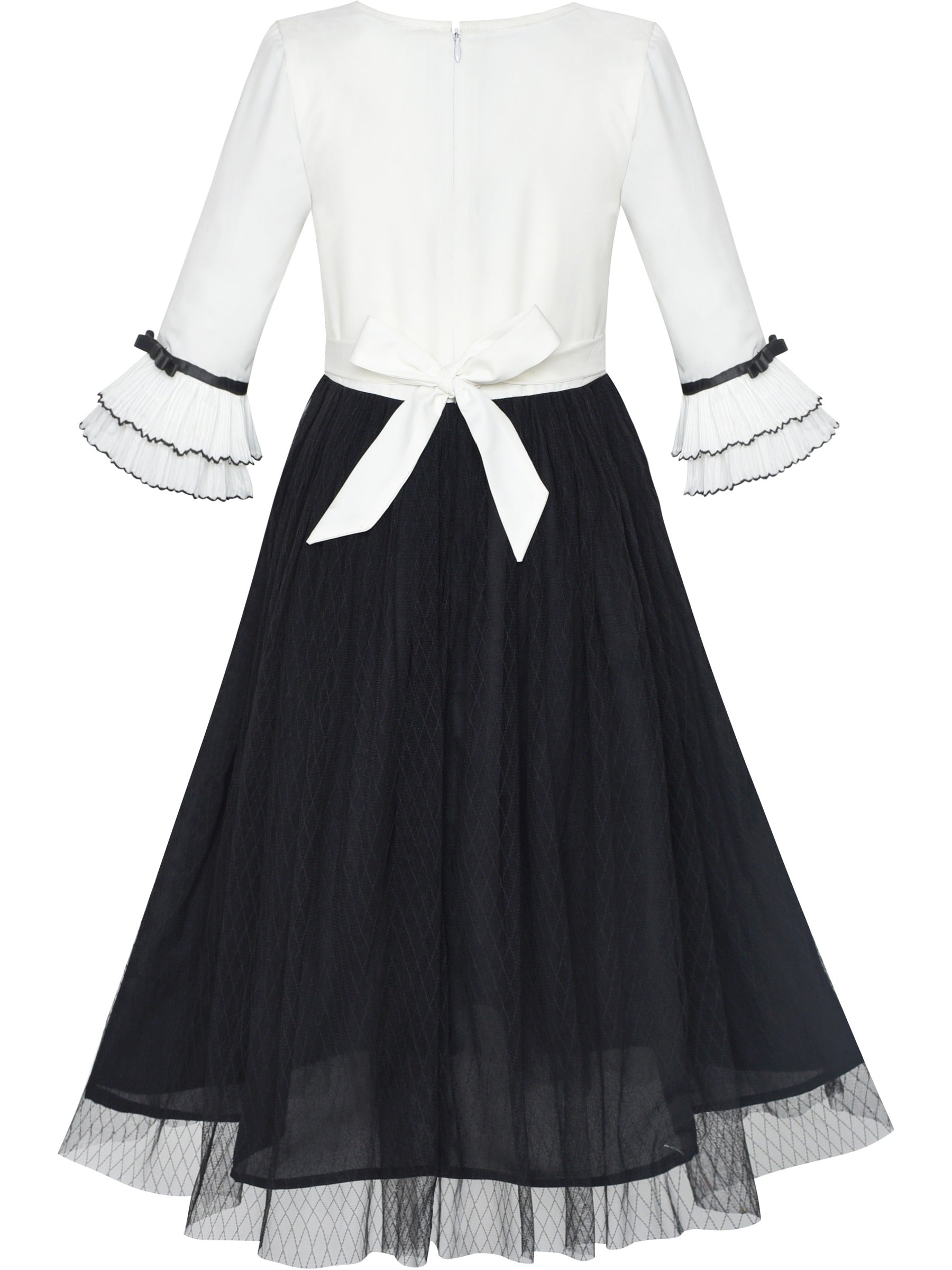 Girls Dress Chiffon Elbow-length Sleeve Black White Black
