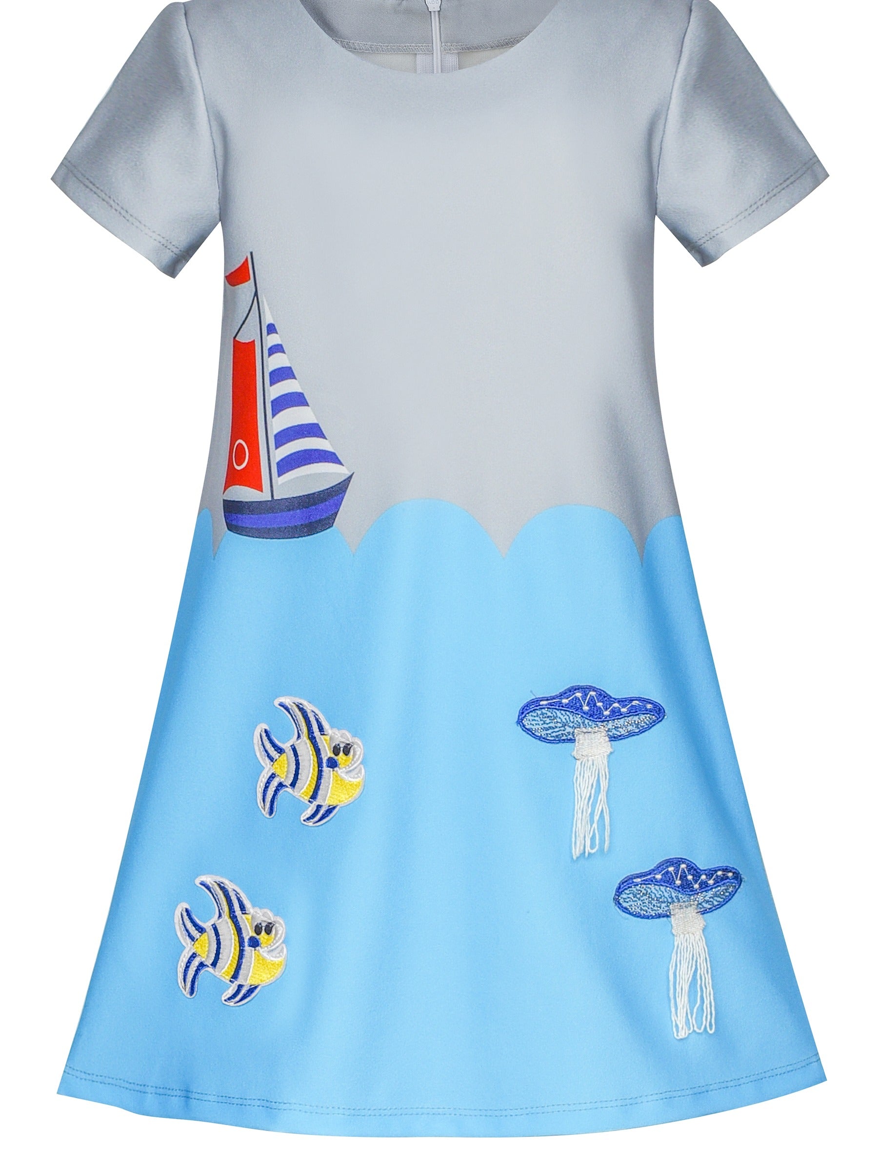 Girls Dress Gray blue Embroidered Jellyfish Clownfish A-line Dress Blue