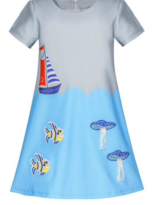 Girls Dress Gray blue Embroidered Jellyfish Clownfish A-line Dress Blue